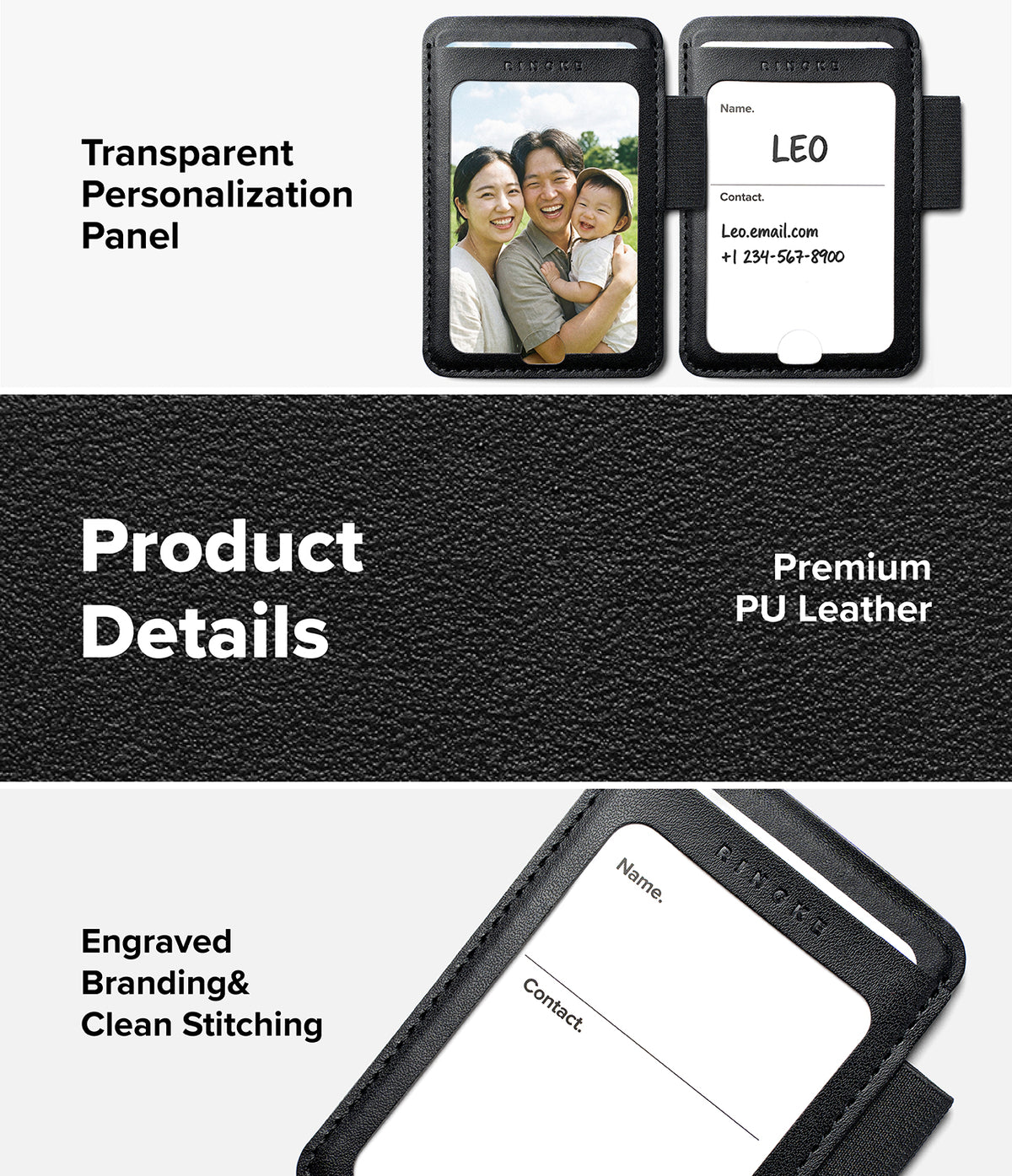 Pen Holder | Name Tag (2P) - Promotional product graphic for a transparent personalized phone case. The top section shows the case installed on a smartphone with a family photo and a contact card labeled LEO, with text reading 'Transparent Personalization Panel.