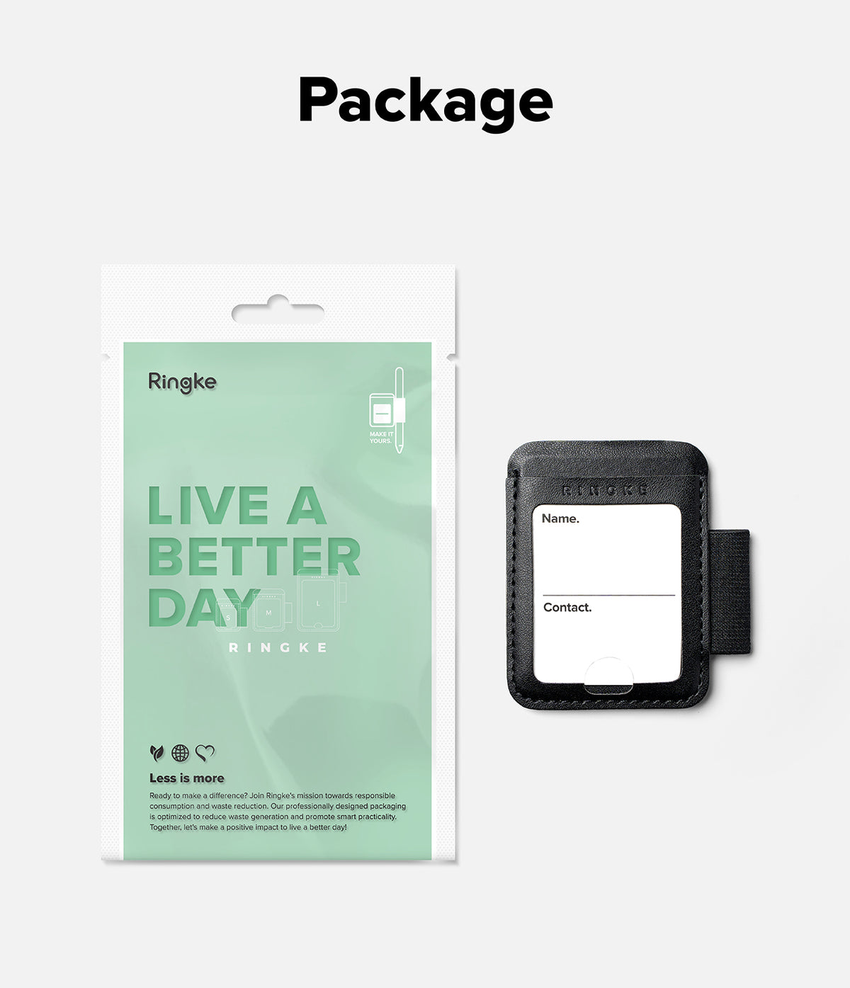 Pen Holder | Name Tag (2P) - A product presentation showing a mint green and white Ringke pouch next to a black leather card holder with a white insert, under the heading 'Package' on a light gray background.