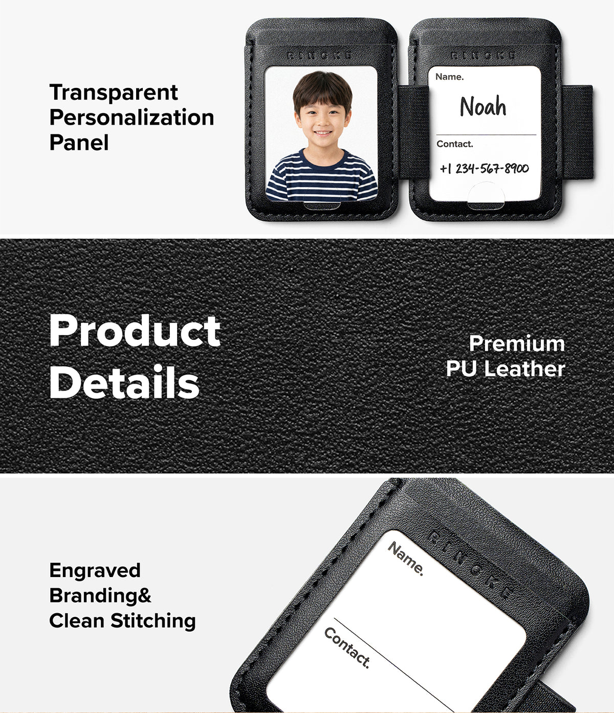 Pen Holder | Name Tag (2P) - A promotional product graphic for a black PU leather luggage tag or ID holder. The top section shows the transparent personalized panel with a child's photo and sample contact details, with text reading 'Transparent Personalization Panel.