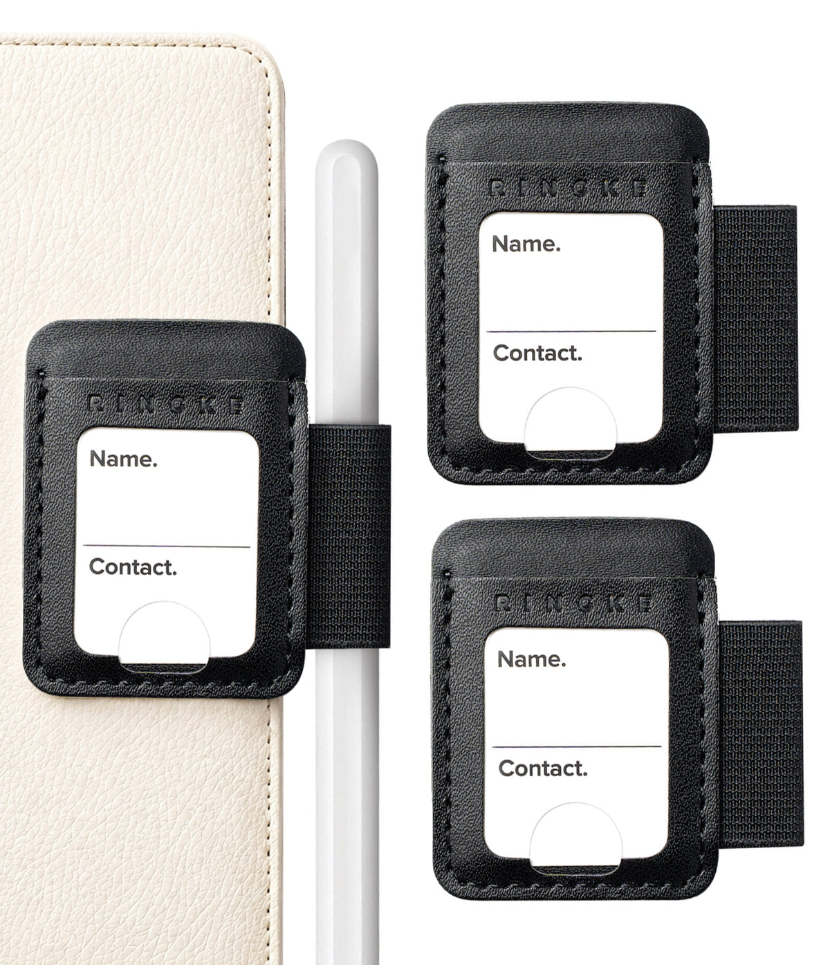 Pen Holder | Name Tag (2P) - Three black leather luggage tags with elastic straps on a white background, shown alongside a cream-colored folio and a white stylus. The tags have a white label area printed with 'Name.