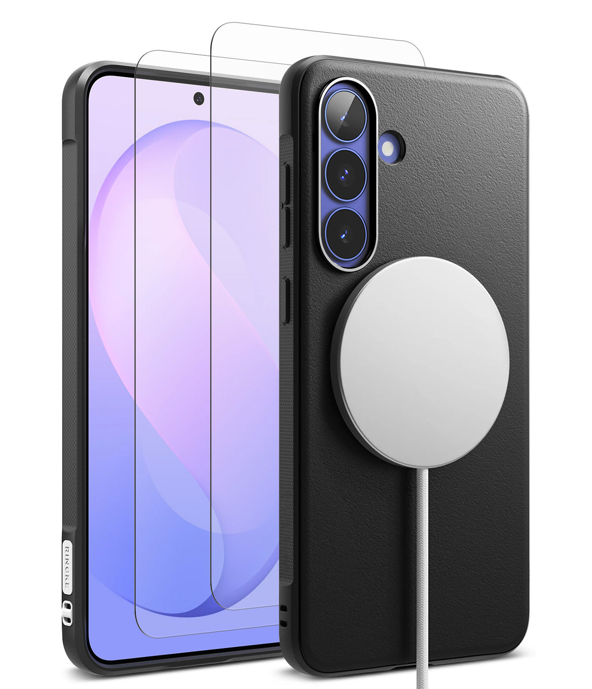 Bundle 15% Galaxy S26 FE Case + Screen / Camera Protectors | Onyx Magnetic - Black protective phone case with a textured leather-like back, shown alongside a matching front screen protector and a white MagSafe-compatible magnetic ring accessory on a white background.
