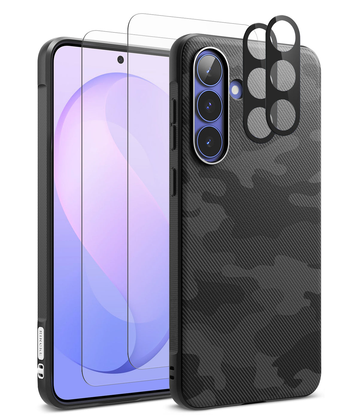 Bundle 15% Galaxy S26 FE Case + Screen / Camera Protectors | Onyx - A black carbon-fiber-texture phone case shown from the back beside a smartphone with a clear screen protector overlay, on a clean white background.