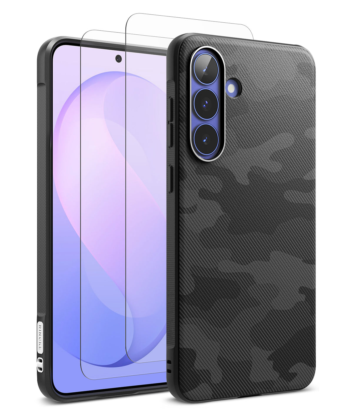 Bundle 15% Galaxy S26 FE Case + Screen / Camera Protectors | Onyx - A black carbon-fiber-texture phone case shown from the back alongside a matching clear screen protector, displayed on a smartphone against a white background.