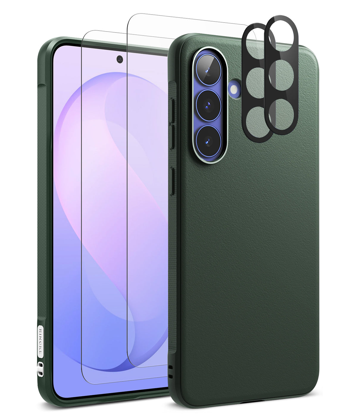Bundle 15% Galaxy S26 FE Case + Screen / Camera Protectors | Onyx - Dark green phone case shown from the back and side, with a matching clear screen protector and a black camera lens protector overlay, displayed on a white background.