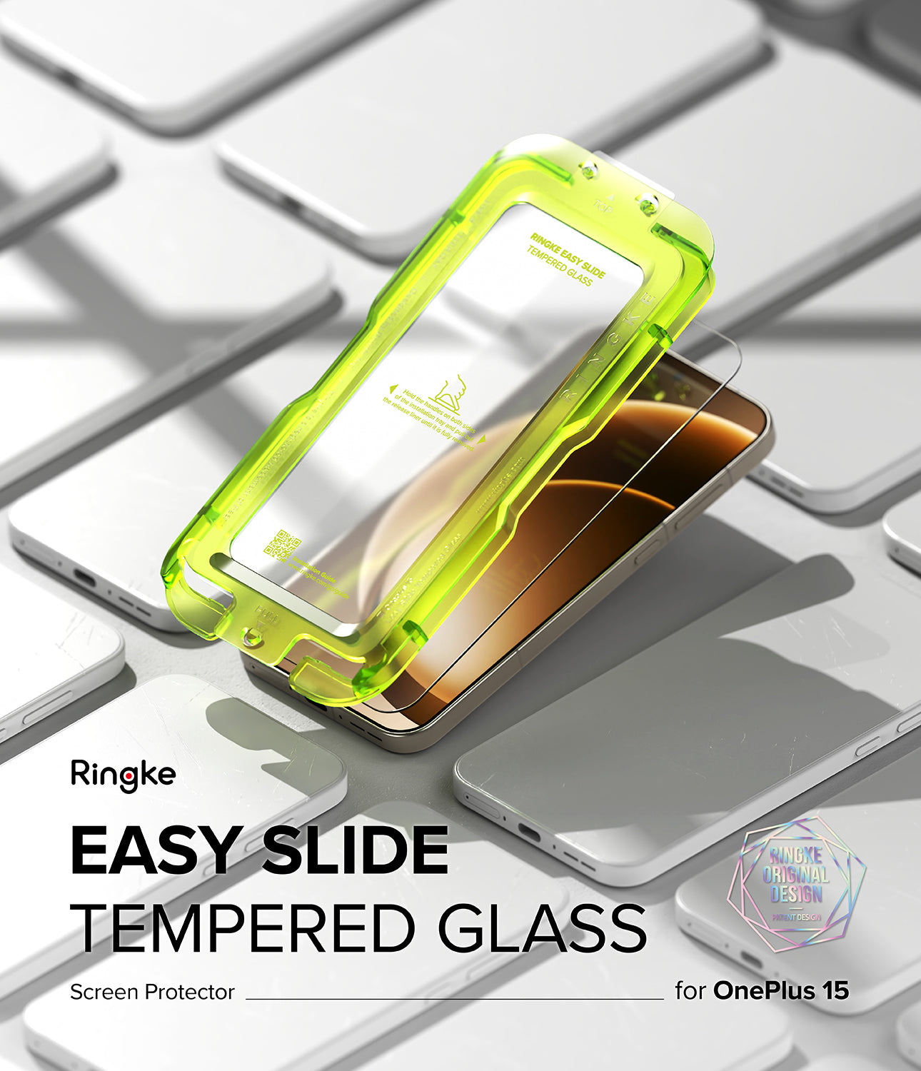 Ringke tempered glass screen protector for OnePlus 15 with Easy Slide installation tray
