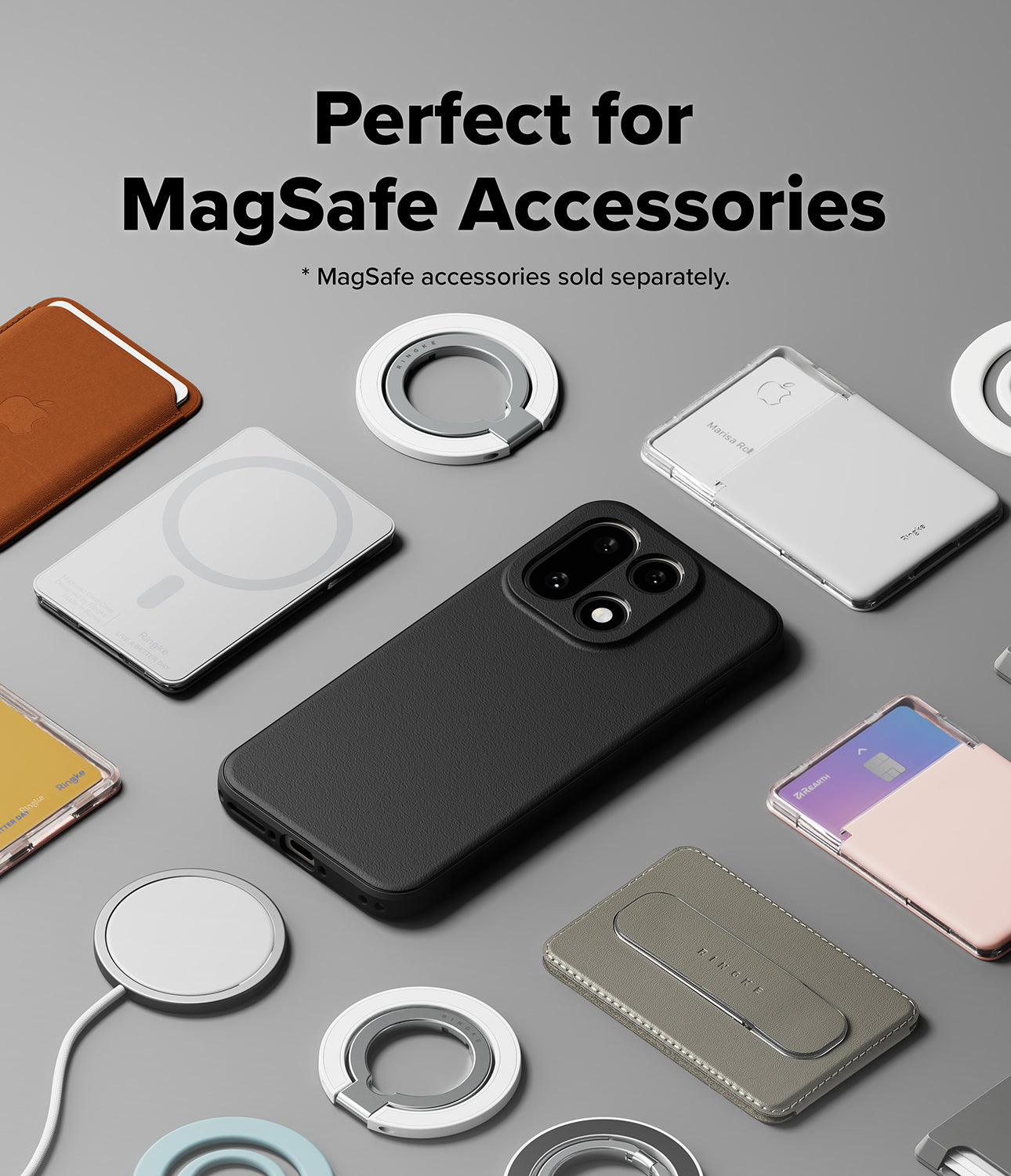 Collection of accessories that compatible with OnePlus 15 Onyx Magnetic case on a gray background displaying case is perfect for various MagSafe Accessories
