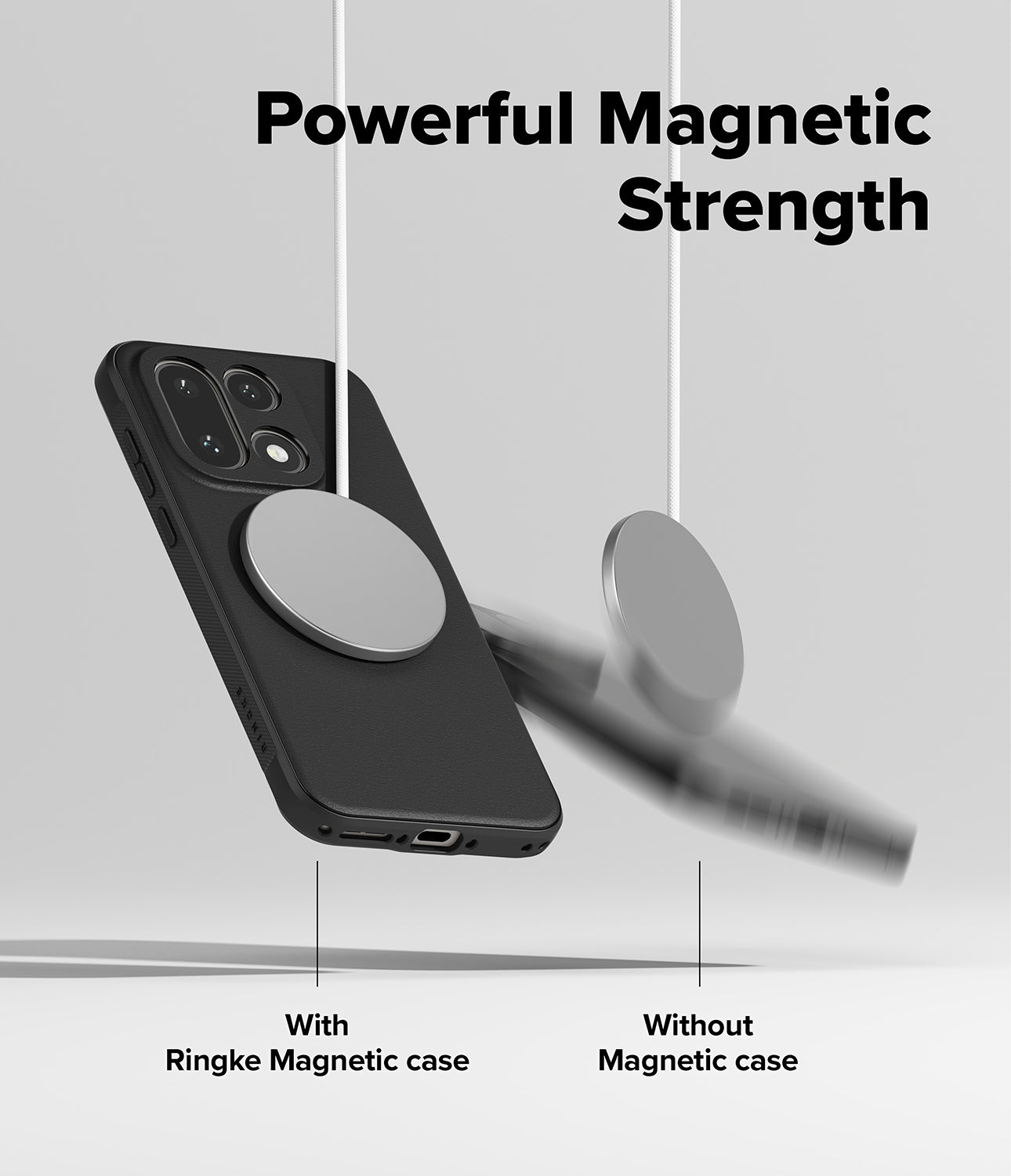 OnePlus 15 Onyx Magnetic Black Case hanging on a Magnetic Pop Socket Charger while another case falls, displaying powerful magnetic strength.