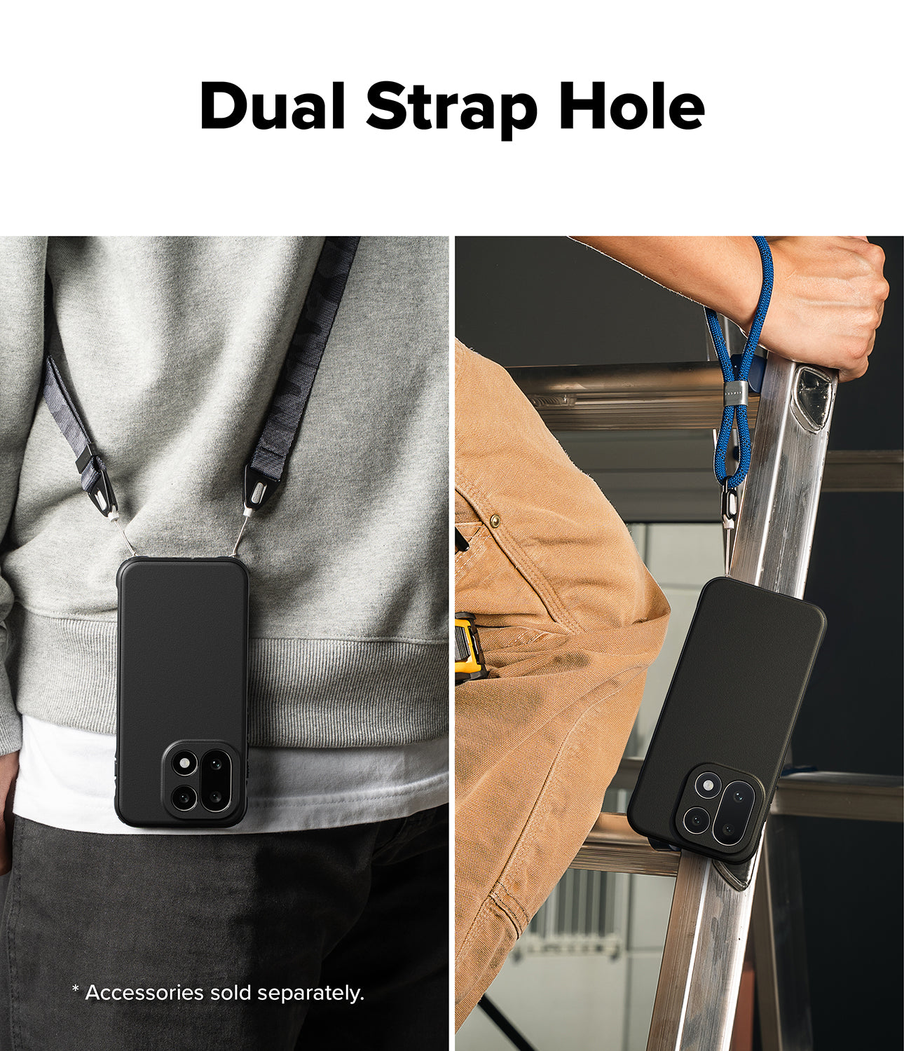 OnePlus 15 Onyx magnetic black case featuring dual strap holes, shown worn on a shoulder and held on a ladder