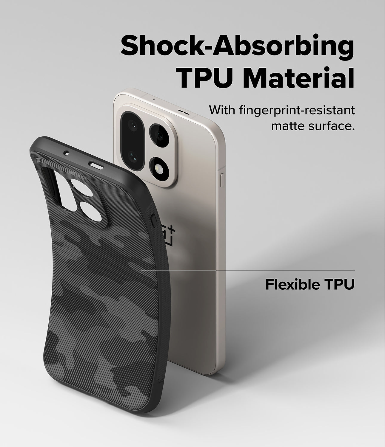 Curved onyx magnetic camo black case for OnePlus 15 made from flexible TPU