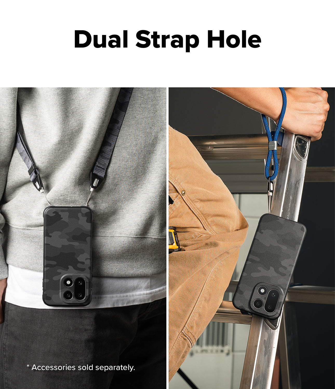 OnePlus 15 Onyx magnetic camo black case featuring dual strap holes, shown worn on a shoulder and held on a ladder