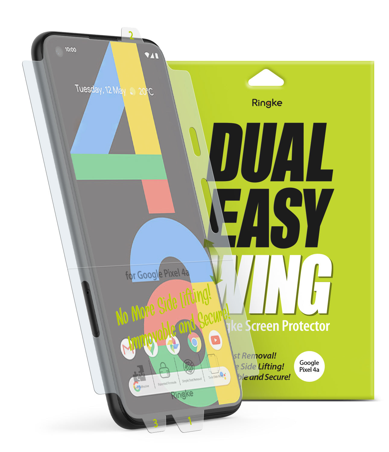Google Pixel 4a Screen Protector | Dual Easy Film - Google Pixel 4a Screen Protector - A clear screen protector film being applied to a Pixel 4a next to its lime green packaging.