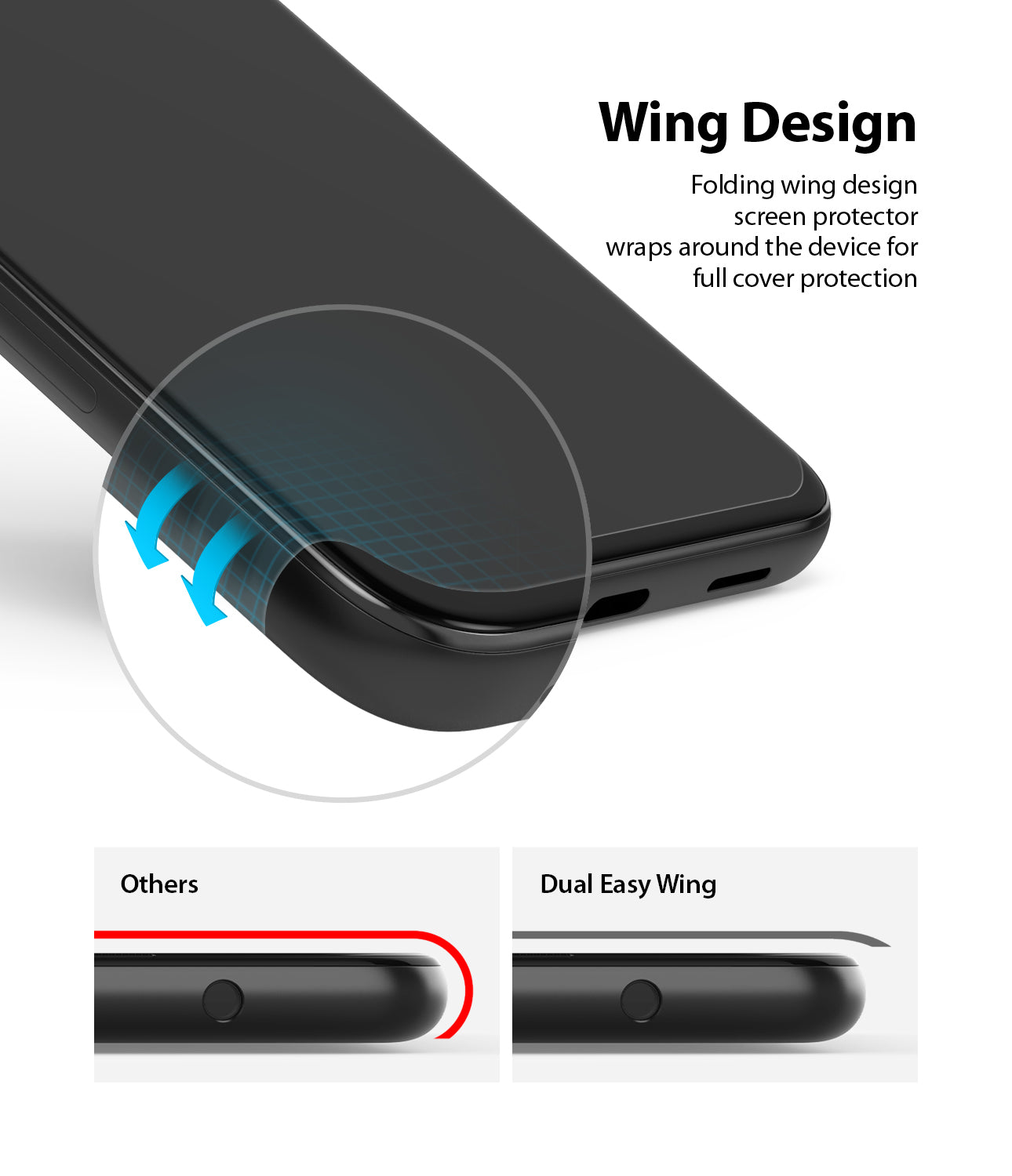 folding wing design screen protector wraps around the device for full cover protection