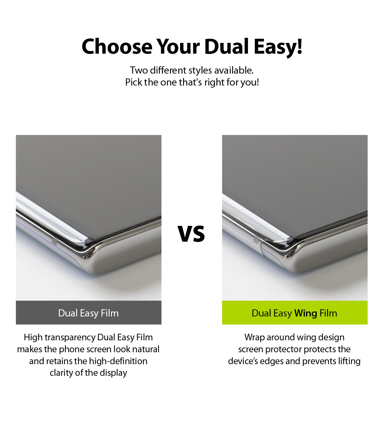 Google Pixel 4a Screen Protector | Dual Easy Film - Comparison of standard Dual Easy Film and wrap-around Wing Film.