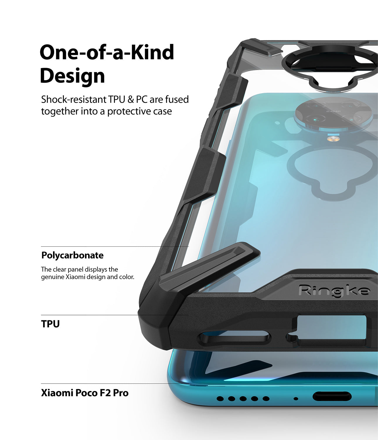 shock resistant TPU and PC are fused together into a protective case