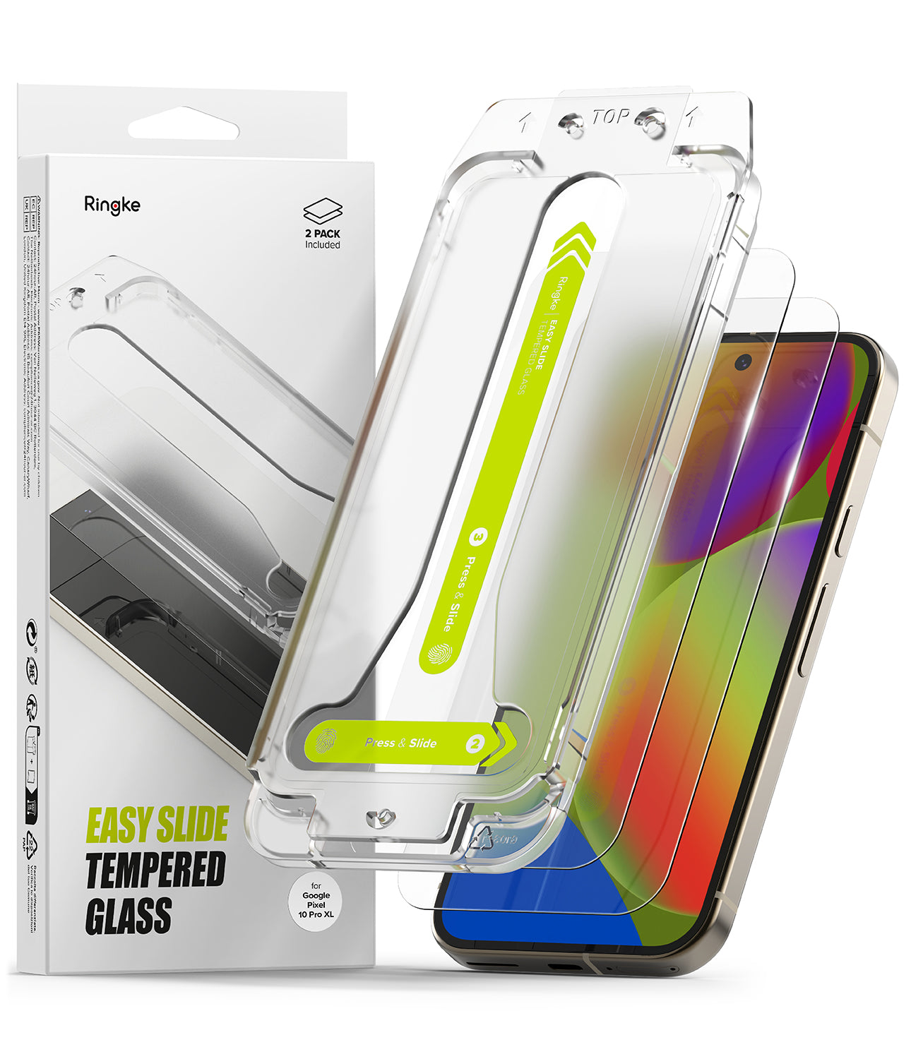 Ringke tempered glass screen protector packaging with Pixel 10 Pro XL and Easy Slide tools on a white background