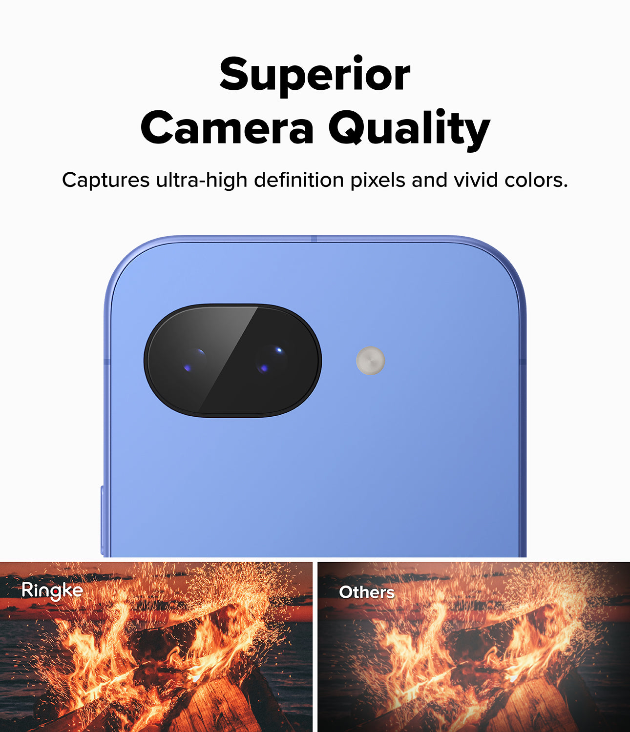 Google Pixel 10a | Camera Glass - Comparison showing clearer, more vibrant fire photography with Ringke glass versus others.