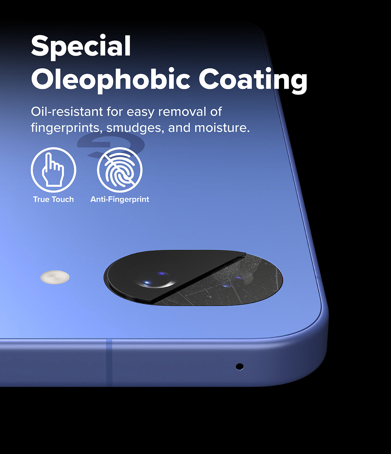 Google Pixel 10a | Camera Glass - Blue phone with oleophobic camera lens protector showing fingerprint resistance.