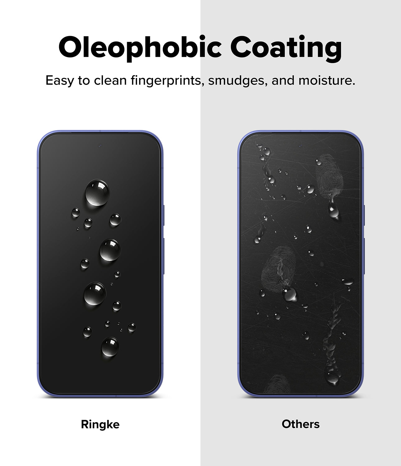 Google Pixel 10a Screen Protector | Easy Slide Tempered Glass - Comparison of Oleophobic coating on Ringke and other phone backs with water droplets.