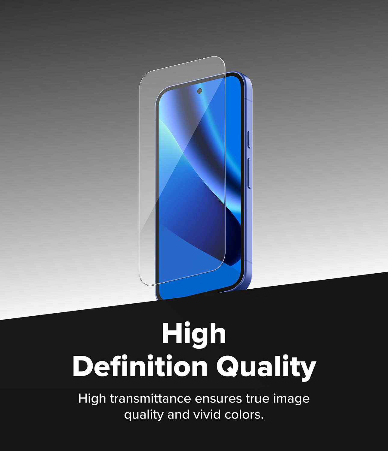 Google Pixel 10a Screen Protector | Easy Slide Tempered Glass - A clear tempered glass screen protector is shown floating over a blue smartphone on a gray-to-black gradient background, with text below reading 'High Definition Quality' and 'High transmittance ensures true image quality and vivid colors.'.