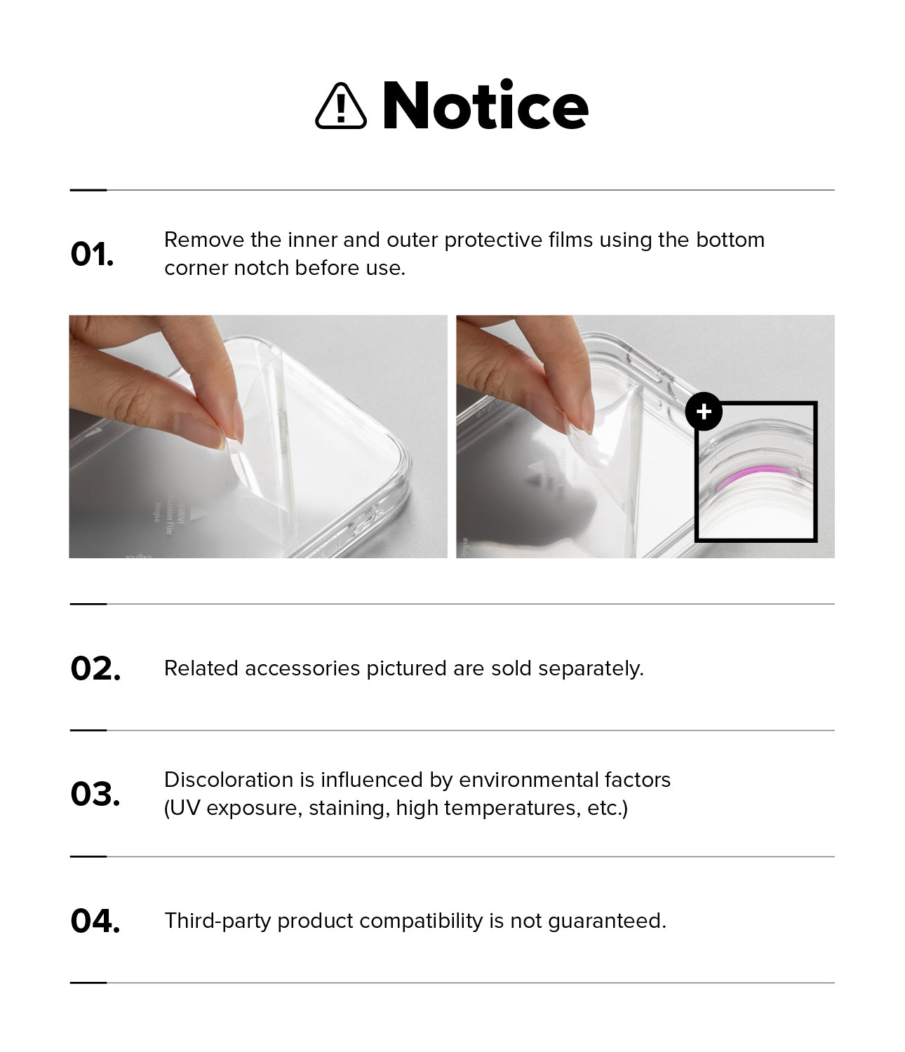 Google Pixel 10a in a Ringke Fusion case - Instructions for using a product with images of hands removing protective films.
