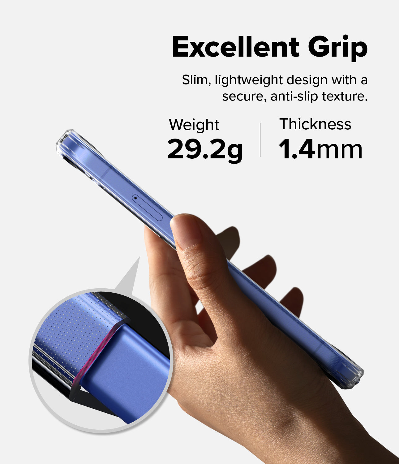 Hand holding a Google Pixel 10a with Ringke Fusion Case with text about its excellent grip, weight, and thickness.