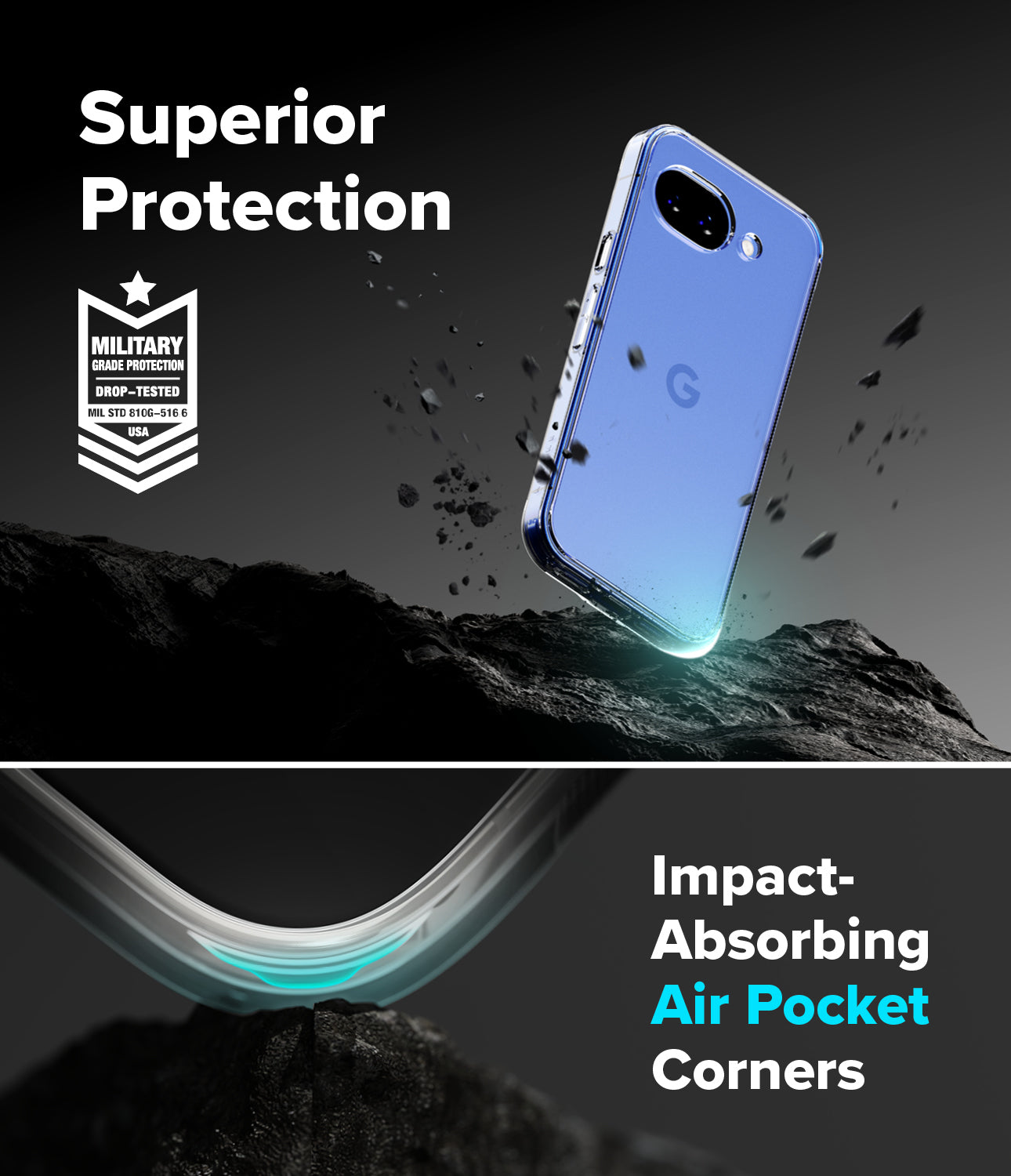 Google Pixel 10a with Ringke Fusion Case with 'Superior Protection' and 'Impact-Absorbing Air Pocket Corners' text.