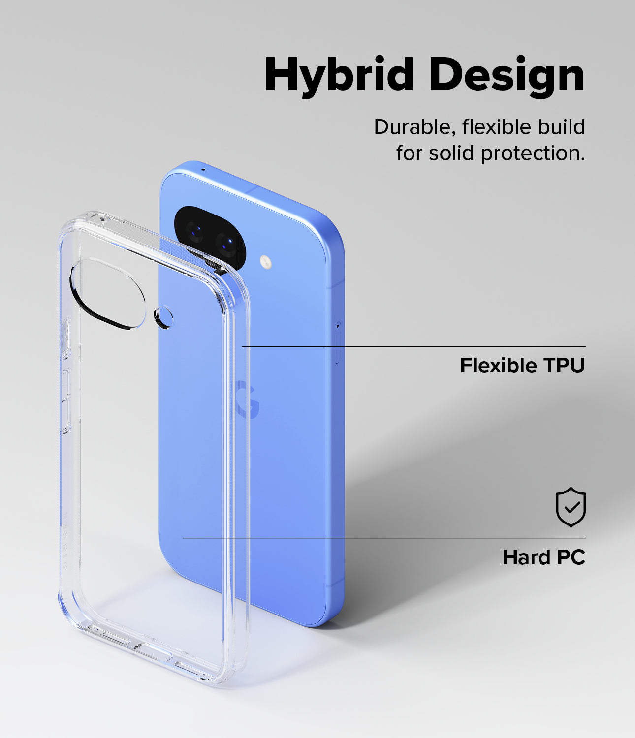 Google Pixel 10a in a Ringke Fusion case displayed on a gray background, highlighting its hybrid design with a flexible TPU bumper and a clear hard PC back panel.