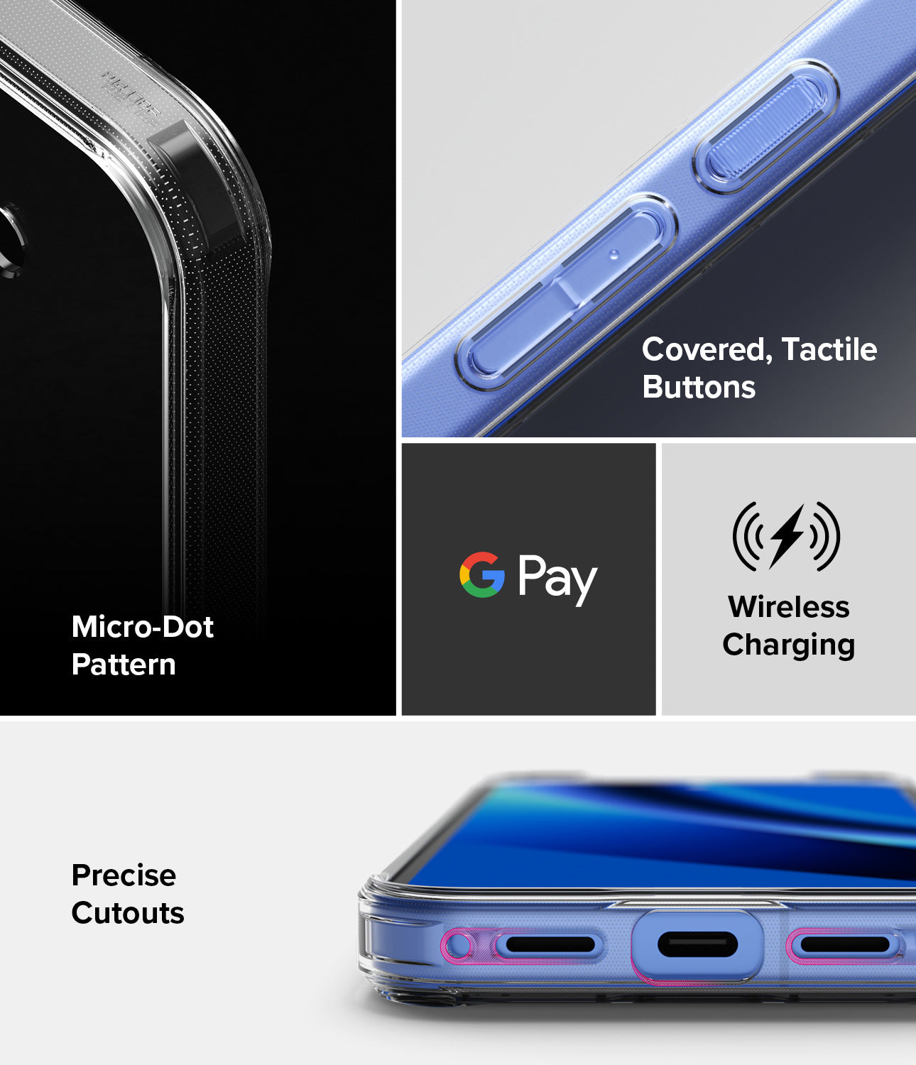 Google Pixel 10a in a Ringke Fusion case with features including micro-dot pattern, covered tactile buttons, Google Pay compatibility, wireless charging, and precise cutouts.