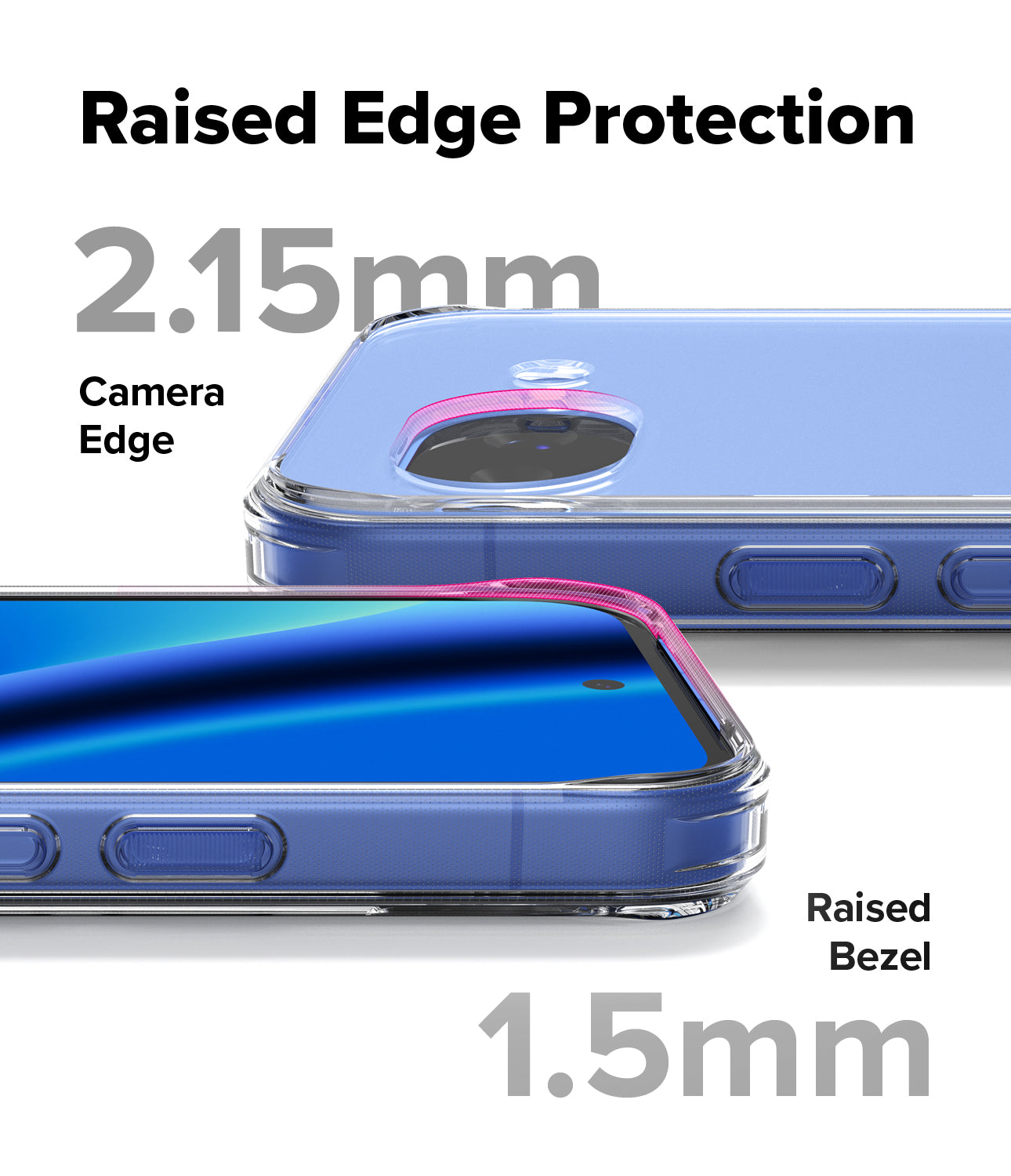 Google Pixel 10a Case | Fusion Matte - Close-up of phone case showing 2.15mm raised camera edge and 1.5mm raised screen bezel.