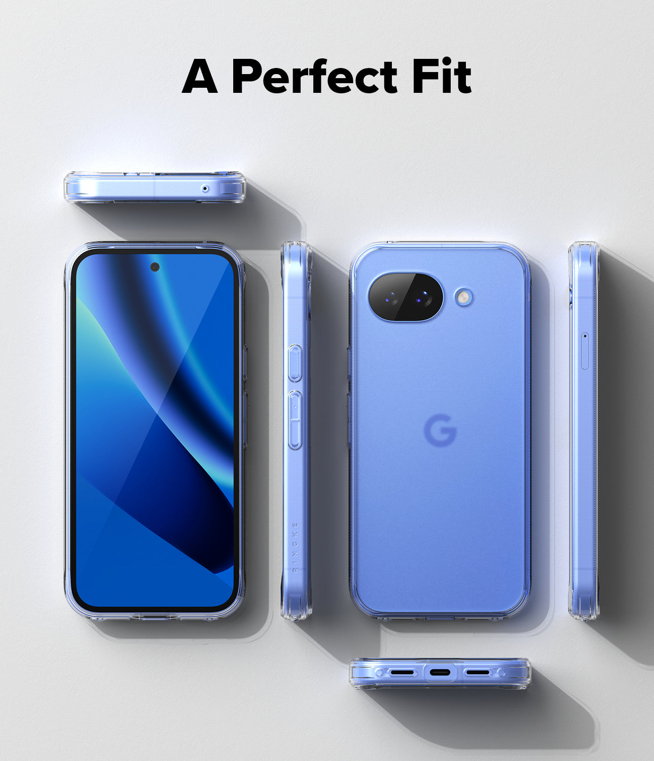 Google Pixel 10a Case | Fusion Matte - Multiple views of a blue phone in a clear matte case on a white background.