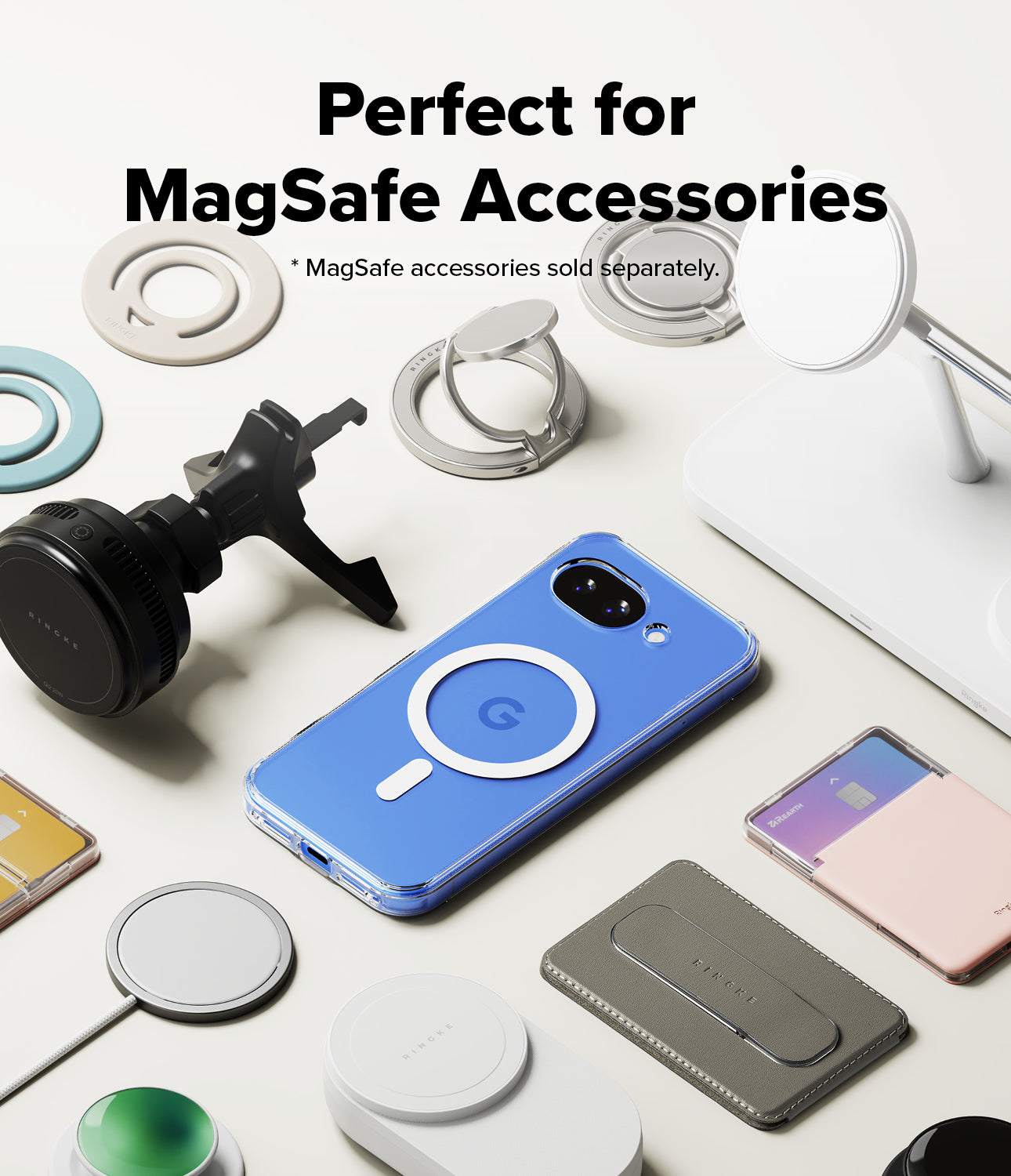 Google Pixel 10a Case | Fusion Magnetic - Blue phone case with magnetic ring surrounded by various MagSafe accessories.