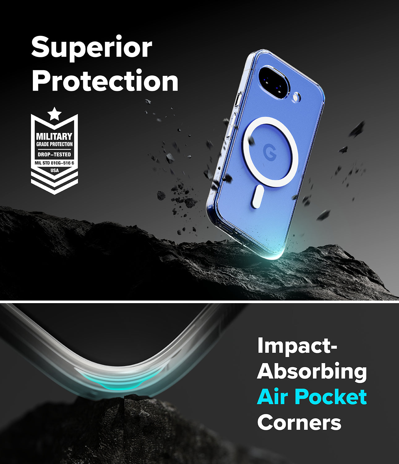Google Pixel 10a Case | Fusion Magnetic - Clear magnetic phone case floating above rocky terrain with air pocket corners.