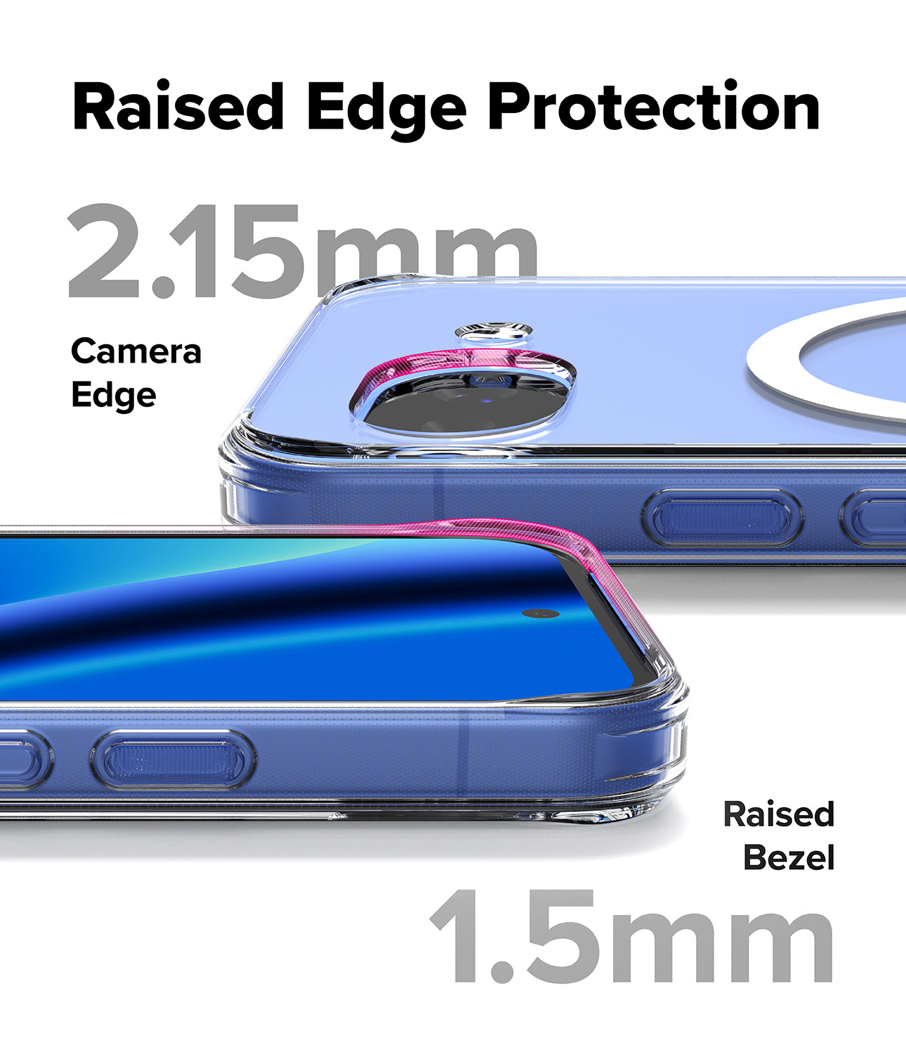 Google Pixel 10a Case | Fusion Magnetic - Clear phone case showing 2.15mm camera edge and 1.5mm screen bezel protection.