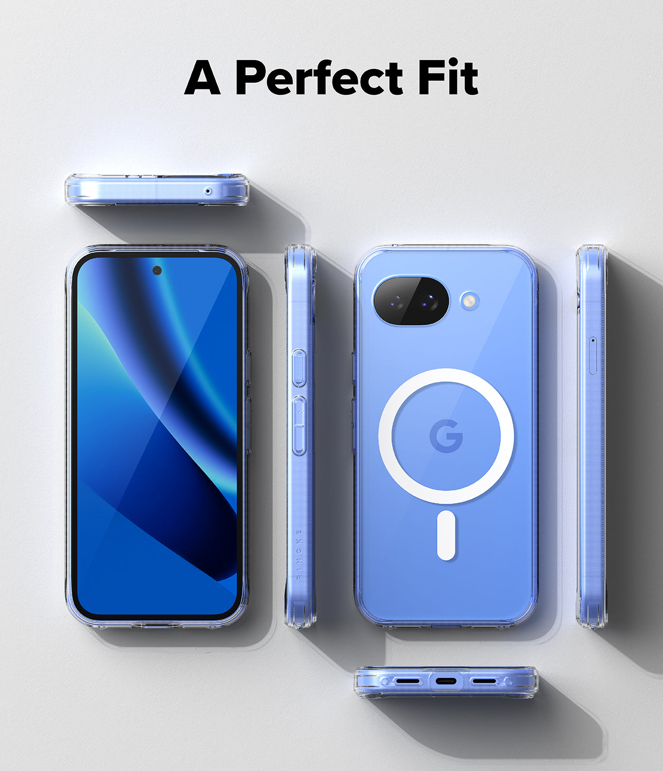 Google Pixel 10a Case | Fusion Magnetic - Clear phone case shown from multiple angles with a white magnetic ring.