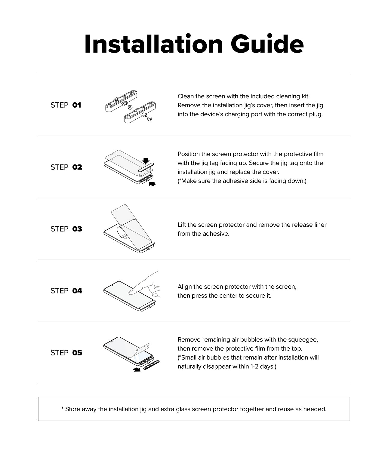 Google Pixel 10a Screen Protector | Tempered Glass - Google Pixel 10a Screen Protector - Five-step illustrated guide for installing a tempered glass screen protector.