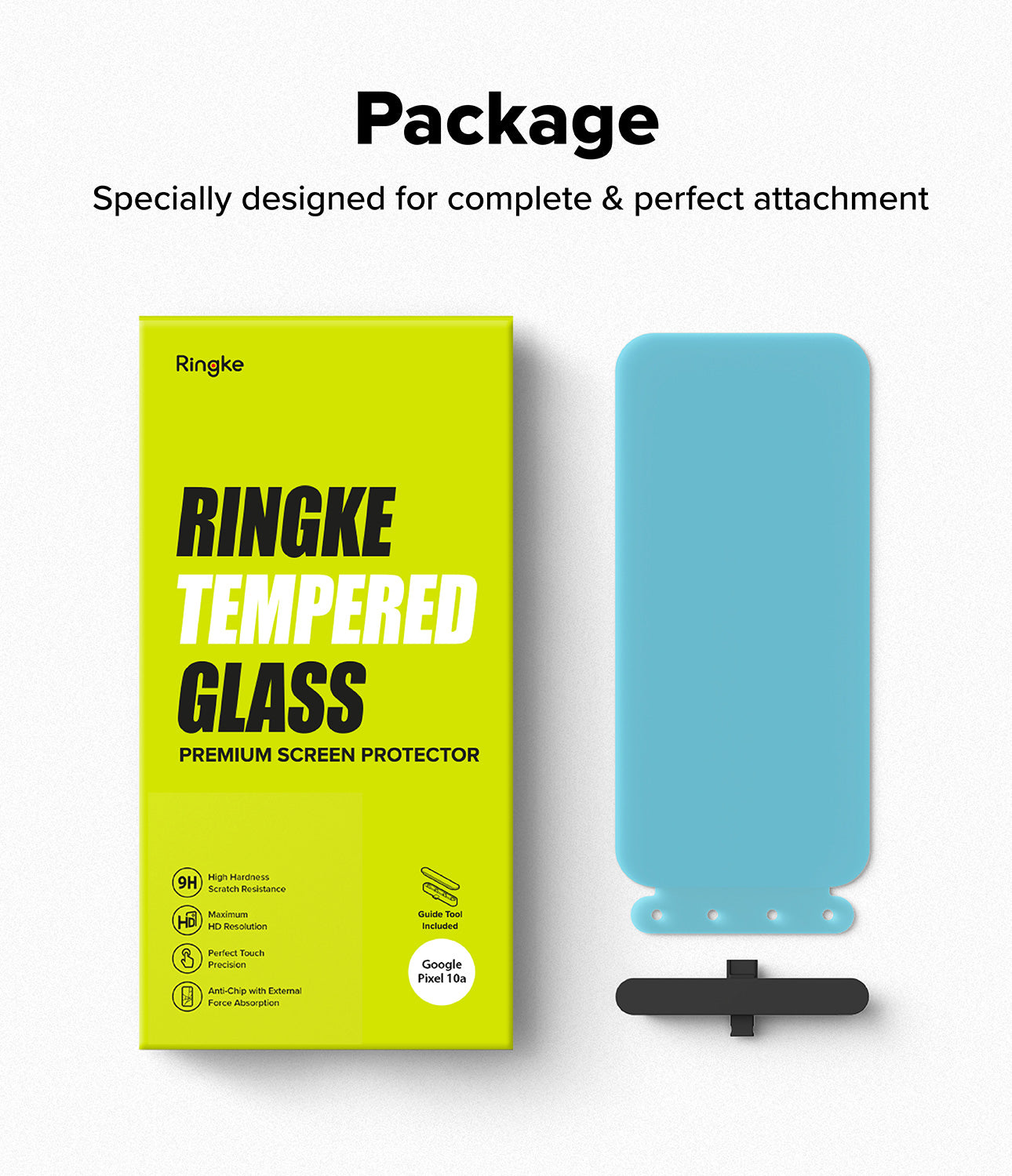 Google Pixel 10a Screen Protector | Tempered Glass - Google Pixel 10a Screen Protector - Ringke tempered glass packaging next to a blue screen protector and installation tool.