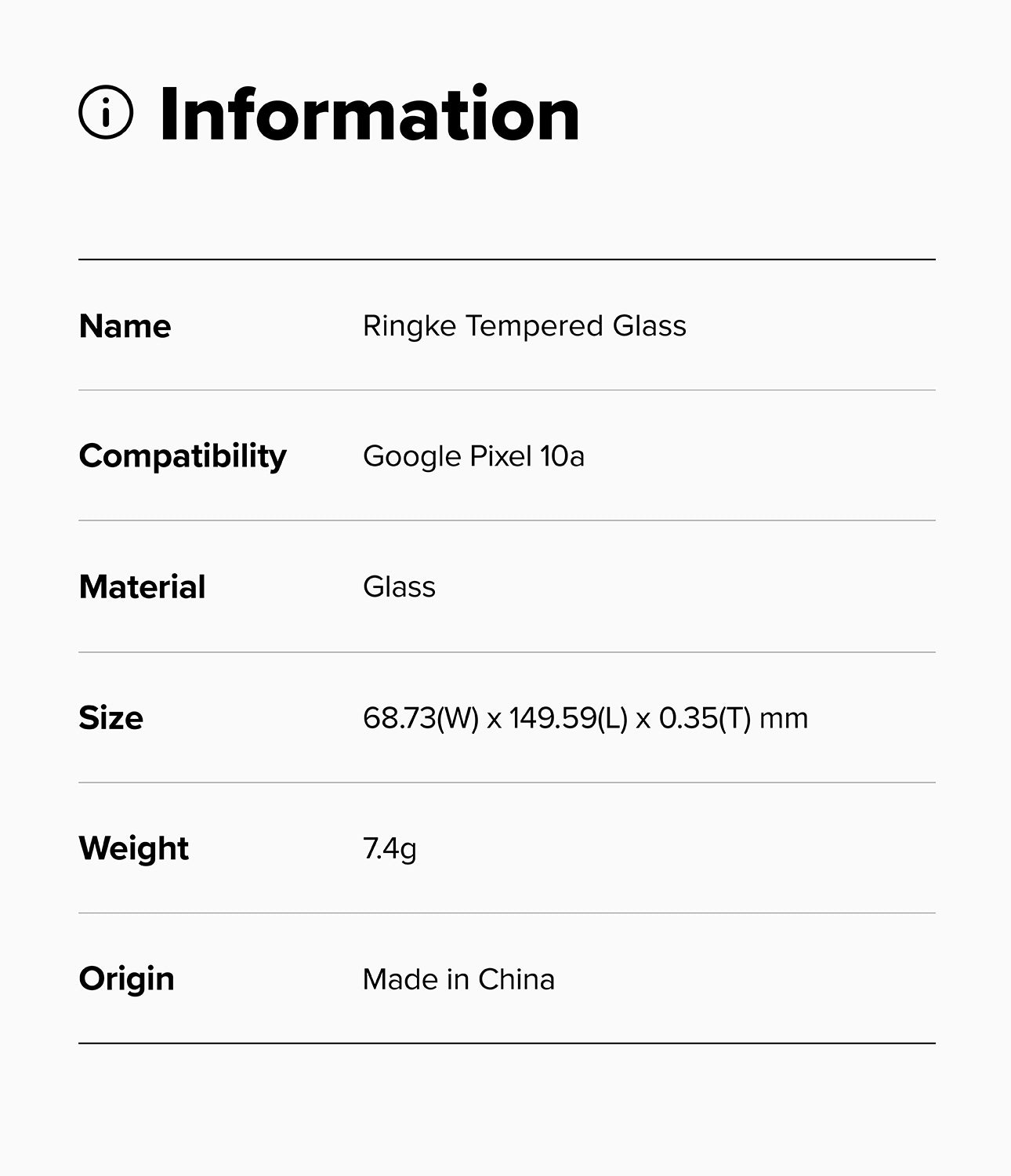 Google Pixel 10a Screen Protector | Tempered Glass - Google Pixel 10a Screen Protector - Information table listing product name, compatibility, material, size, weight, and origin.