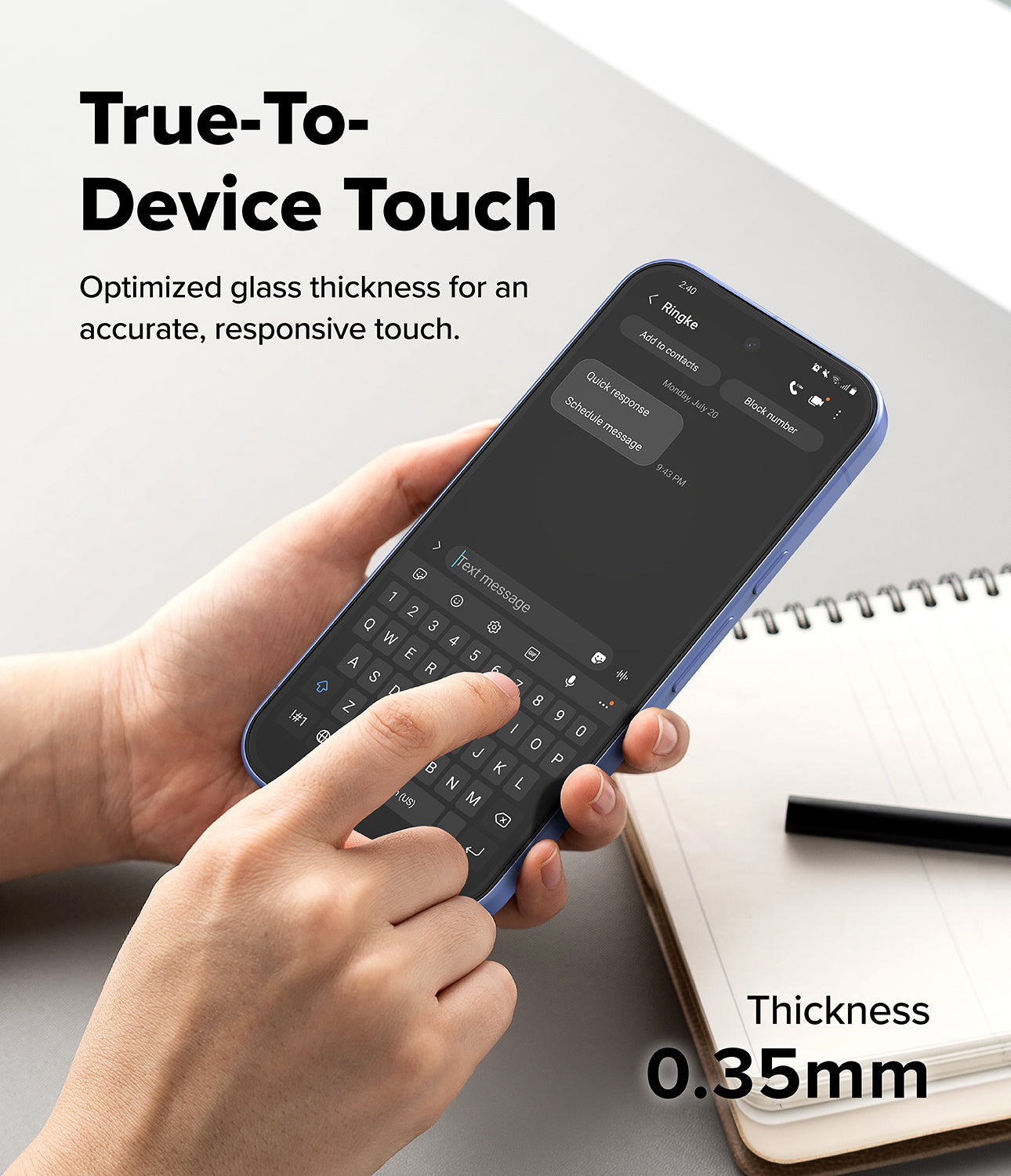 Google Pixel 10a Screen Protector | Tempered Glass - Google Pixel 10a Screen Protector - Hand using a smartphone with a tempered glass screen protector, showing 0.35mm thickness.