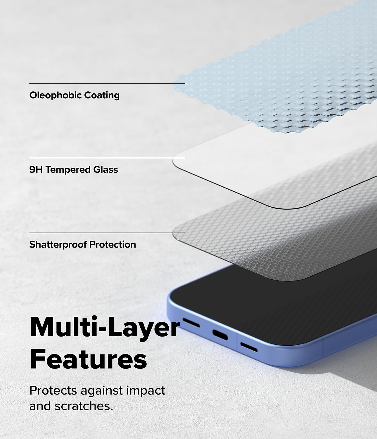 Google Pixel 10a Screen Protector | Tempered Glass - Google Pixel 10a Screen Protector - Exploded view showing oleophobic, tempered glass, and shatterproof layers above a phone.