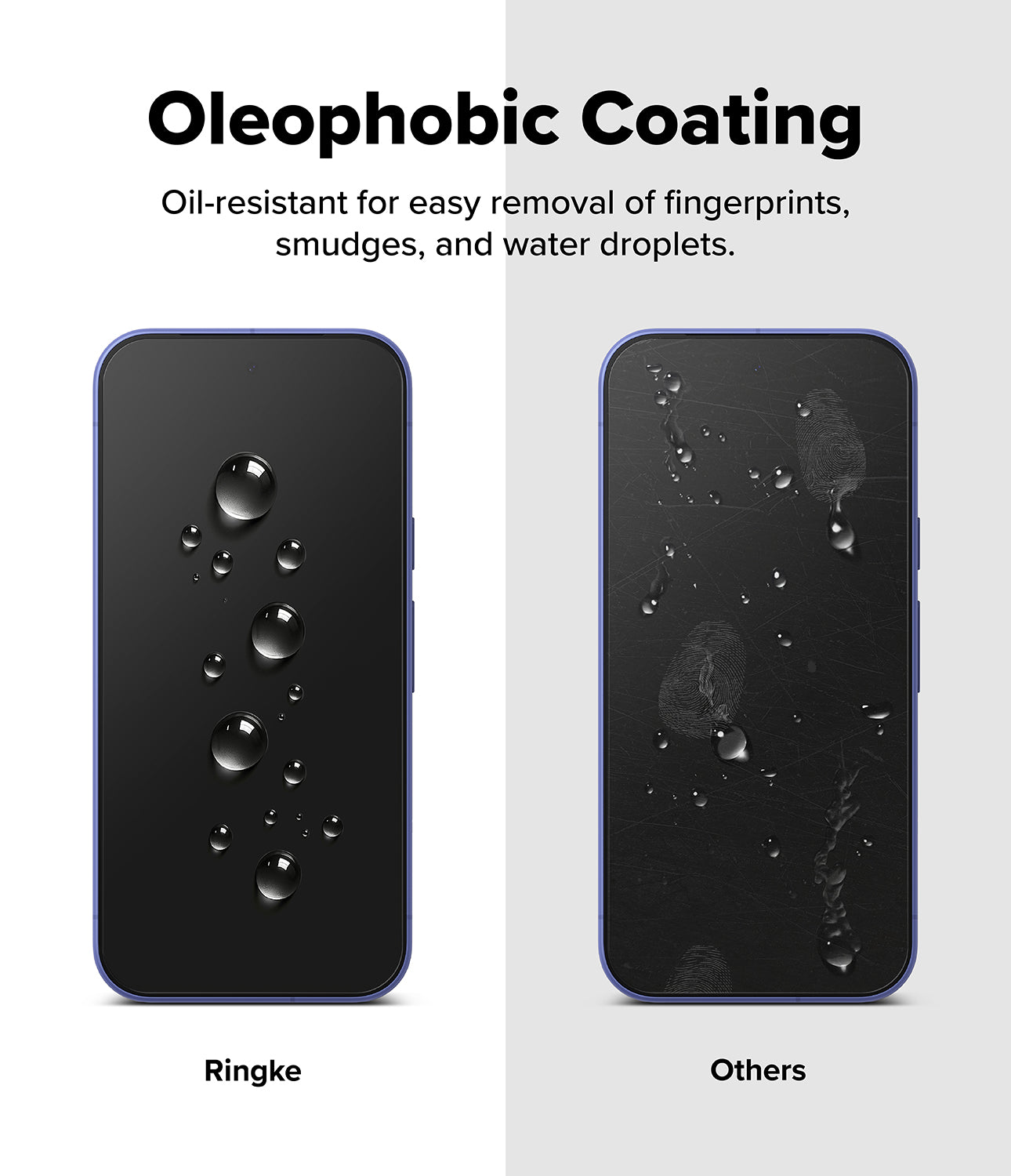 Google Pixel 10a Screen Protector | Tempered Glass - Google Pixel 10a Screen Protector - Comparison of water beading on a Ringke screen versus smudges on another brand.