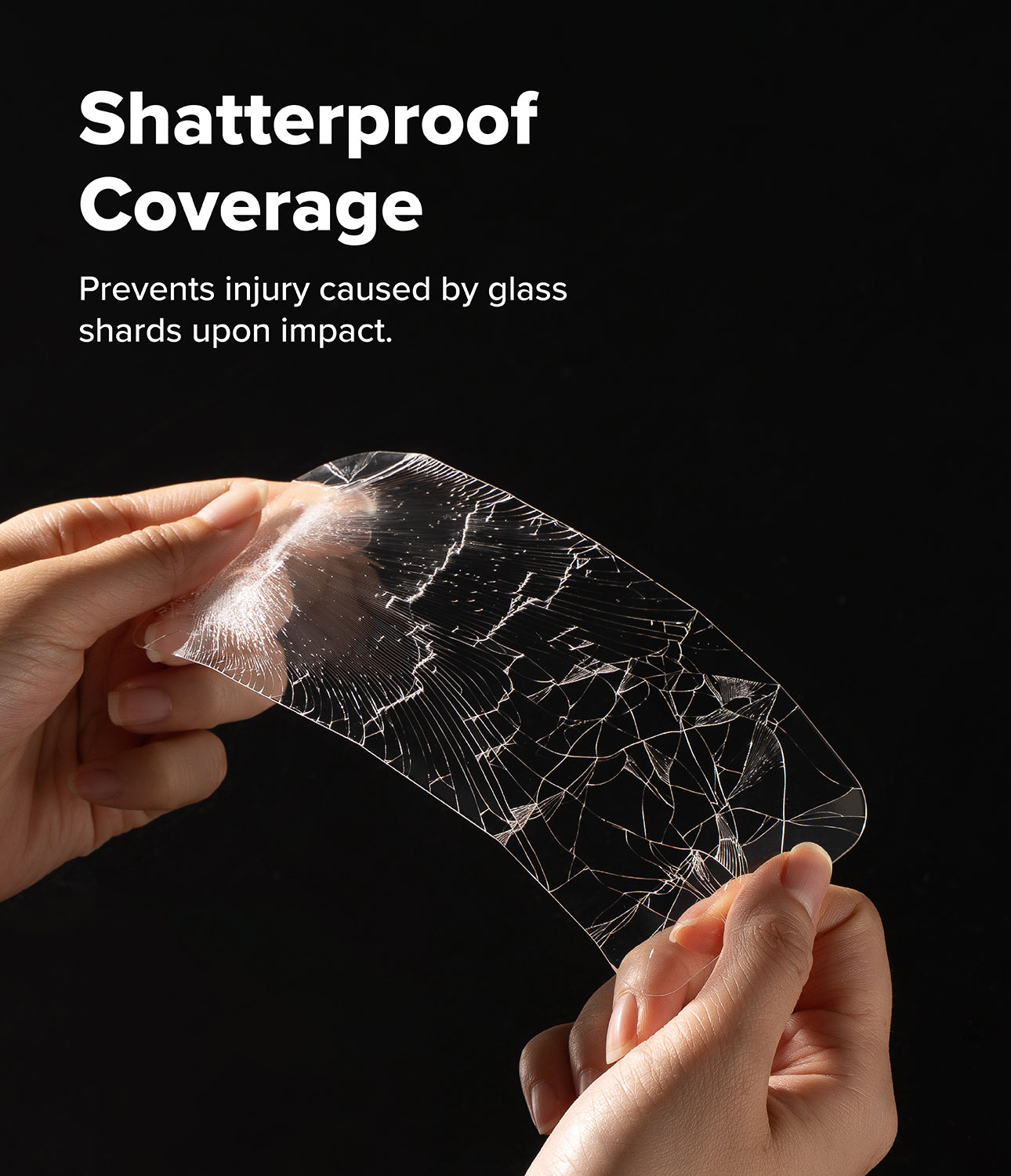 Google Pixel 10a Screen Protector | Tempered Glass - Google Pixel 10a Screen Protector - Hands holding a cracked tempered glass screen protector that stays intact.