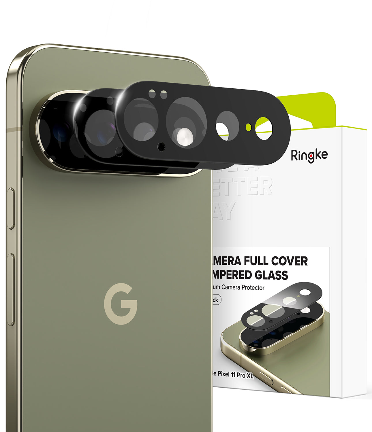 Pixel 11 Pro XL Camera Protector | Camera Full Cover Tempered Glass (2 Pack) - Ringke camera full cover tempered glass protector set shown installed on a smartphone, with the product packaging box visible behind it on a white background.