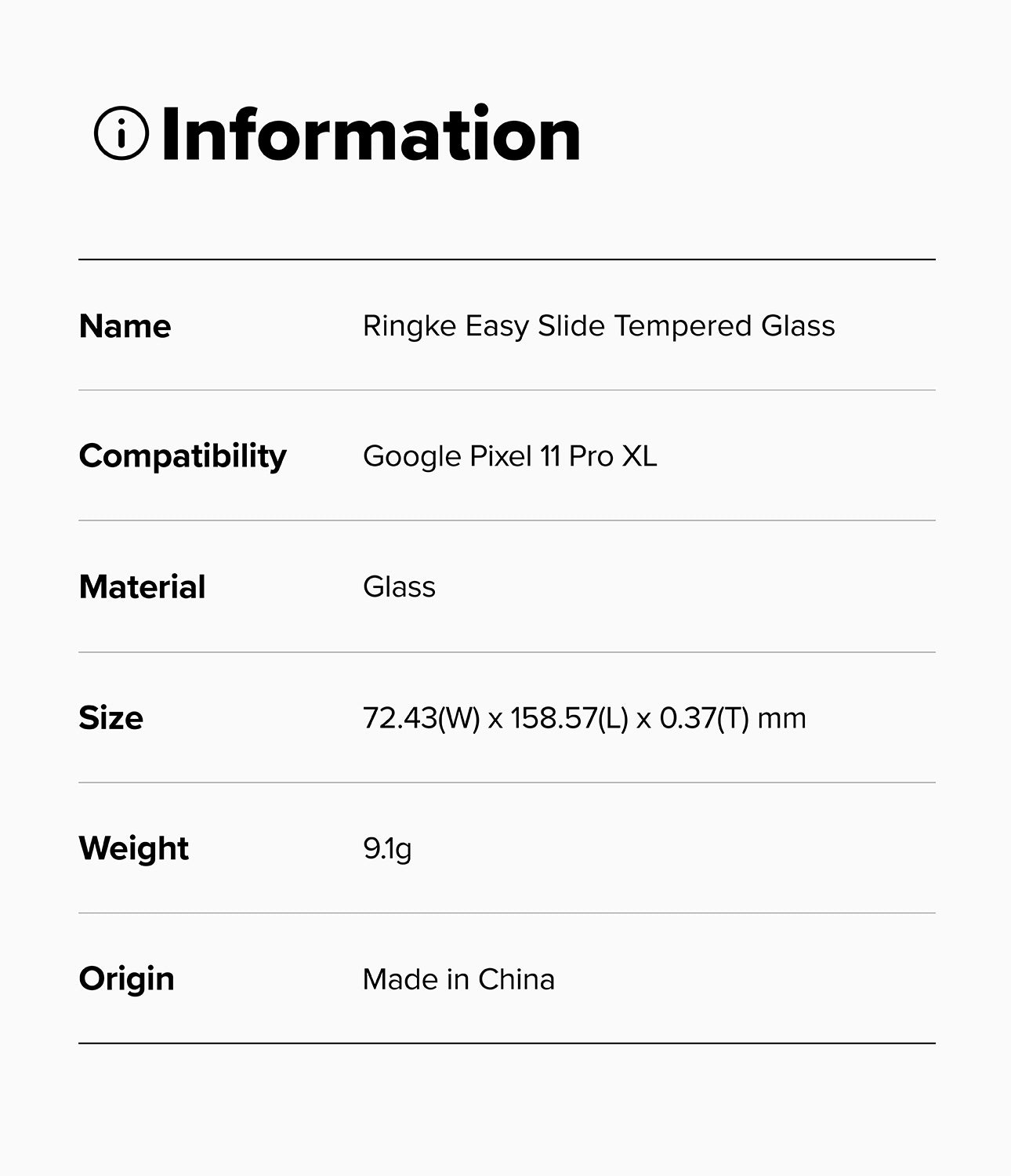 Pixel 11 Pro XL Screen Protector | Easy Slide Tempered Glass (2 Pack) - A white information card with black text listing product details for a Ringke Easy Slide tempered glass slide for Google Pixel 11 Pro XL, including name, compatibility, material, size, weight, and origin.