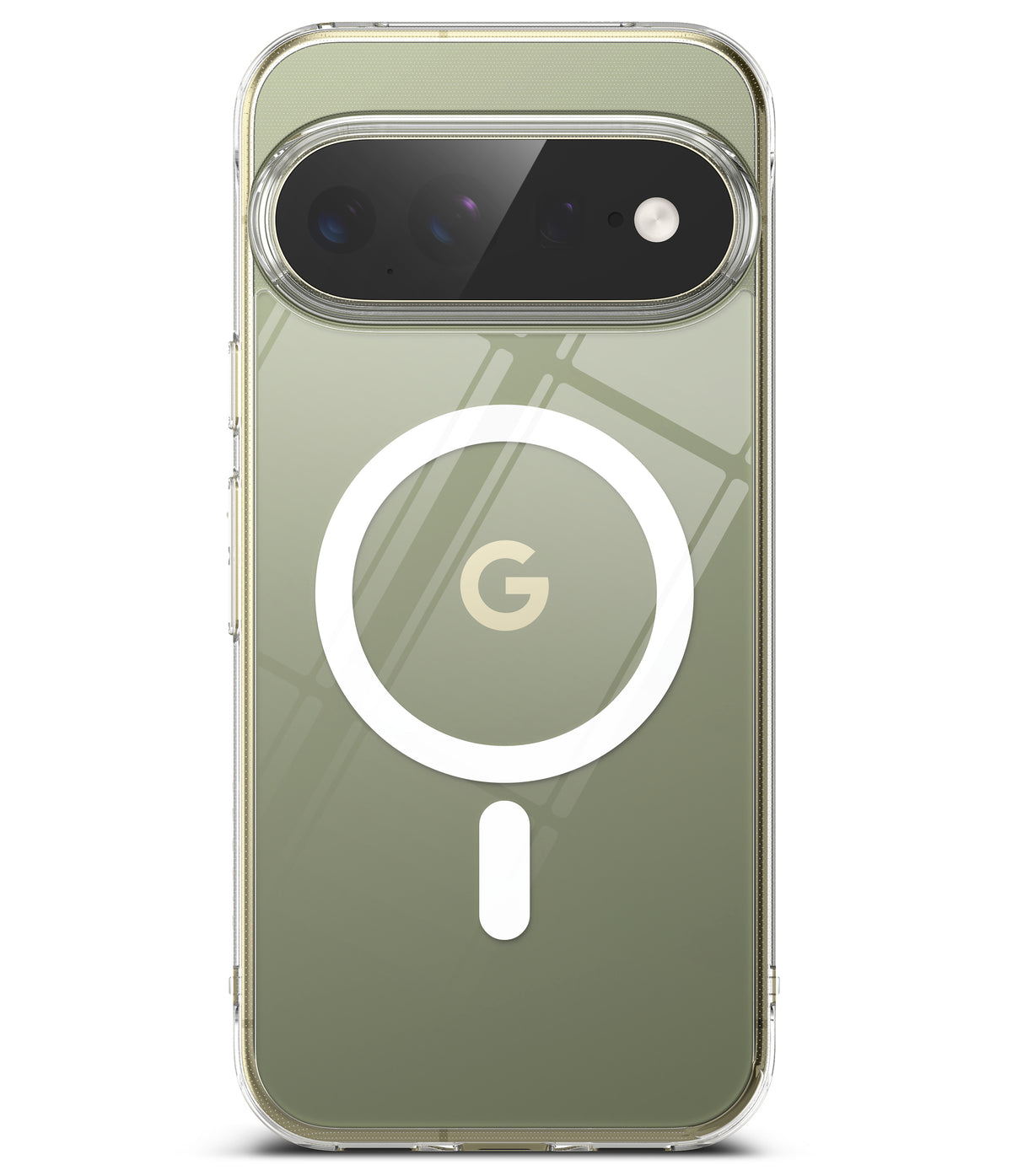 Google Pixel 11 Pro XL Case | Fusion Magnetic - A clear MagSafe-compatible phone case shown on a smartphone, featuring a white circular MagSafe ring with a gold 'G' logo in the center, set against a clean white background.