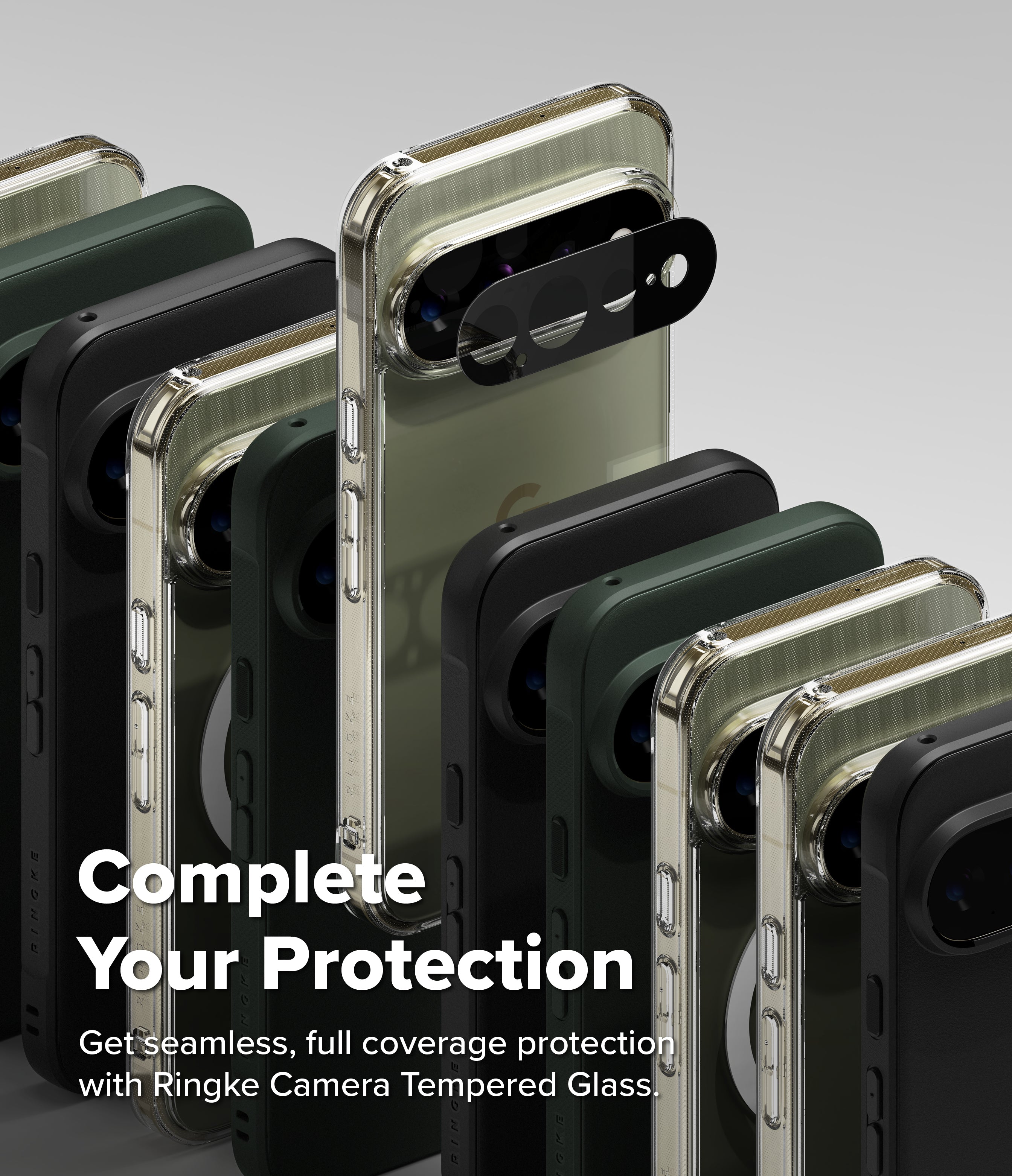 Google Pixel 11 Pro XL Case | Fusion Magnetic - A promotional product shot showing multiple smartphone cases in different colors arranged in a fan-like layout. One case has a black camera guard overlay, and large text on the lower left reads, 'Complete Your Protection' with smaller text below about Ringke Camera Tempered Glass.