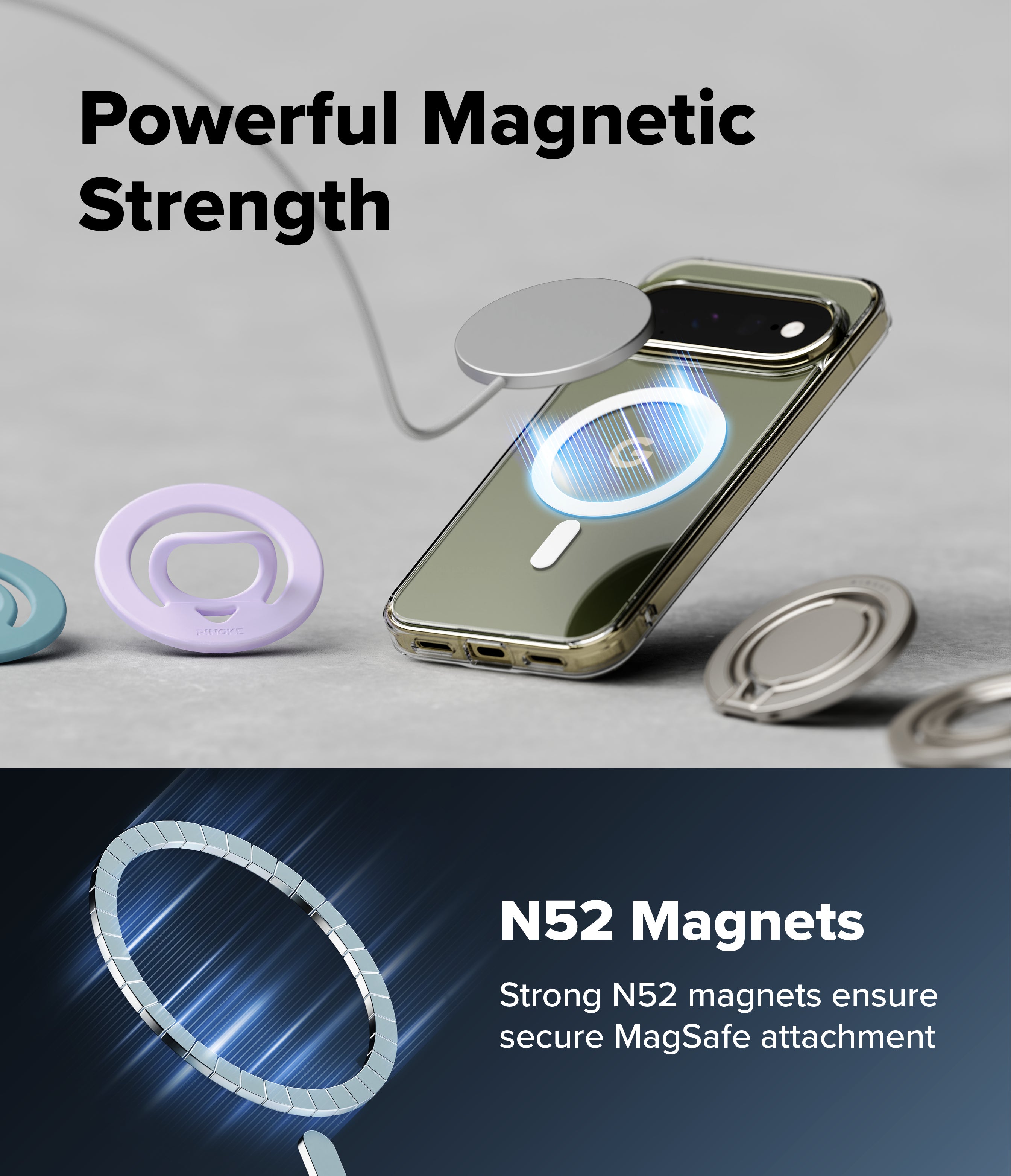 Google Pixel 11 Pro XL Case | Fusion Magnetic - A promotional graphic for magnetic phone accessories showing a smartphone with a circular MagSafe-style ring attached, plus several loose magnetic rings in different colors. Text reads 'Powerful Magnetic Strength' and 'N52 Magnets Strong N52 magnets ensure secure MagSafe attachment.