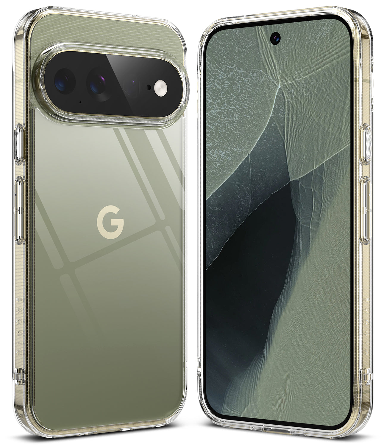 Pixel 11 Pro XL Case | Fusion - A clear protective phone case shown on a smartphone from the back and front, with a metallic sage green phone visible inside. The back of the phone features a gold Google 'G' logo, and the screen displays a dark abstract wallpaper.