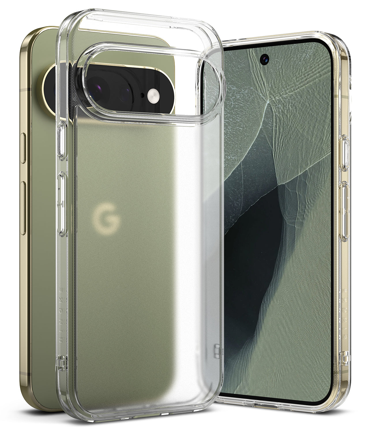 Pixel 11 Pro XL Case | Fusion Matte - A clear protective phone case shown on a smartphone, with two views: the back of the phone in the case in the center and the phone screen visible on the right. The case is transparent and fitted tightly around the device.