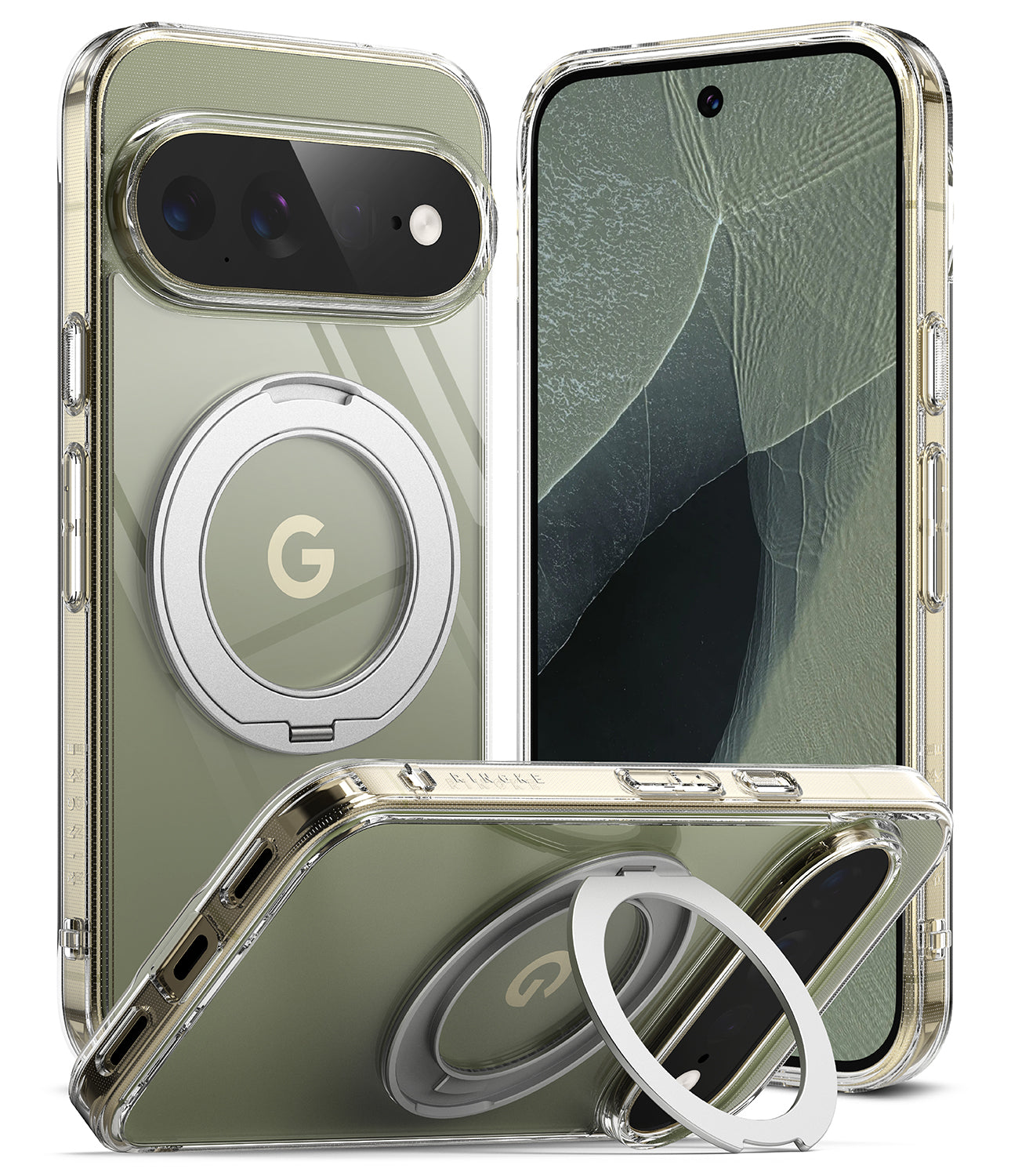 Google Pixel 11 Pro XL Case | Fusion Ring - A clear protective phone case with a metallic olive green inner lining, featuring a built-in circular silver magnetic ring stand. The image shows three views: the back of the case with the stand extended, a phone inside the case showing the olive green screen, and a bottom view of the case with the ring stand extended.
