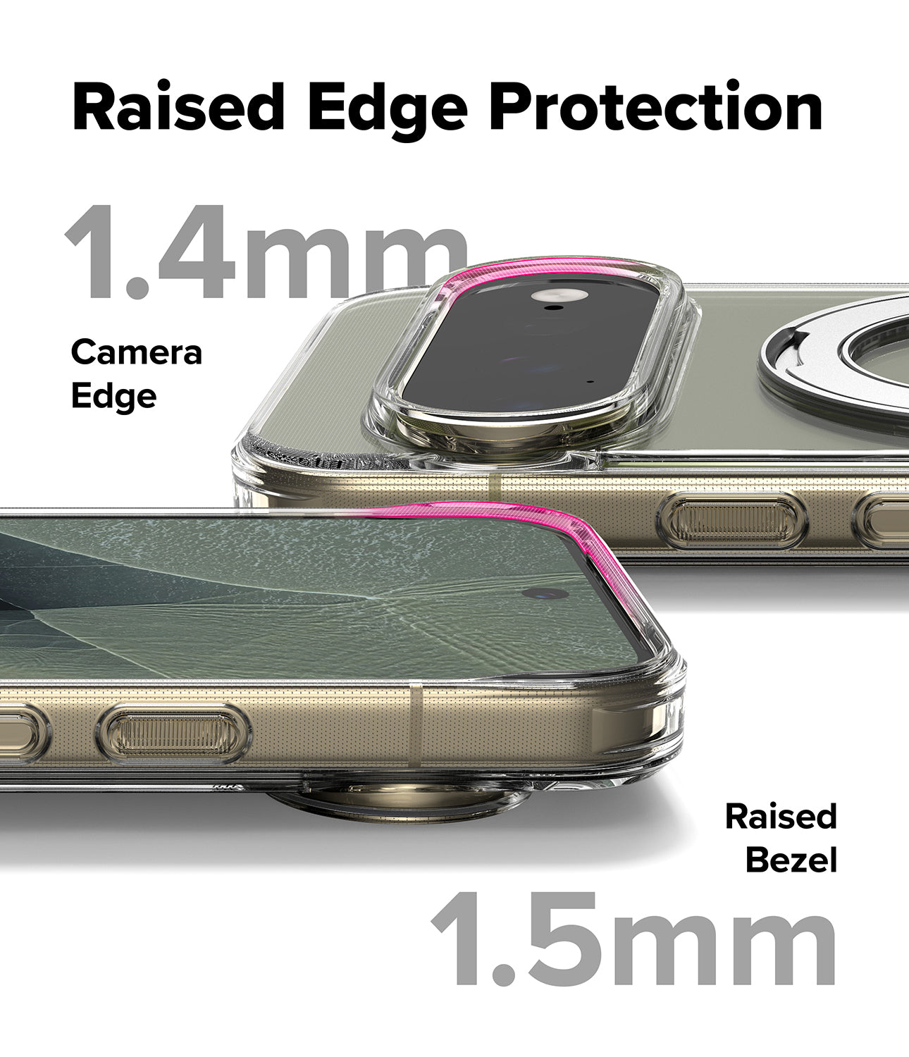 Google Pixel 11 Pro XL Case | Fusion Ring - A product graphic showing a transparent phone case with raised edges, demonstrating camera and bezel protection. The text reads 'Raised Edge Protection', '1.
